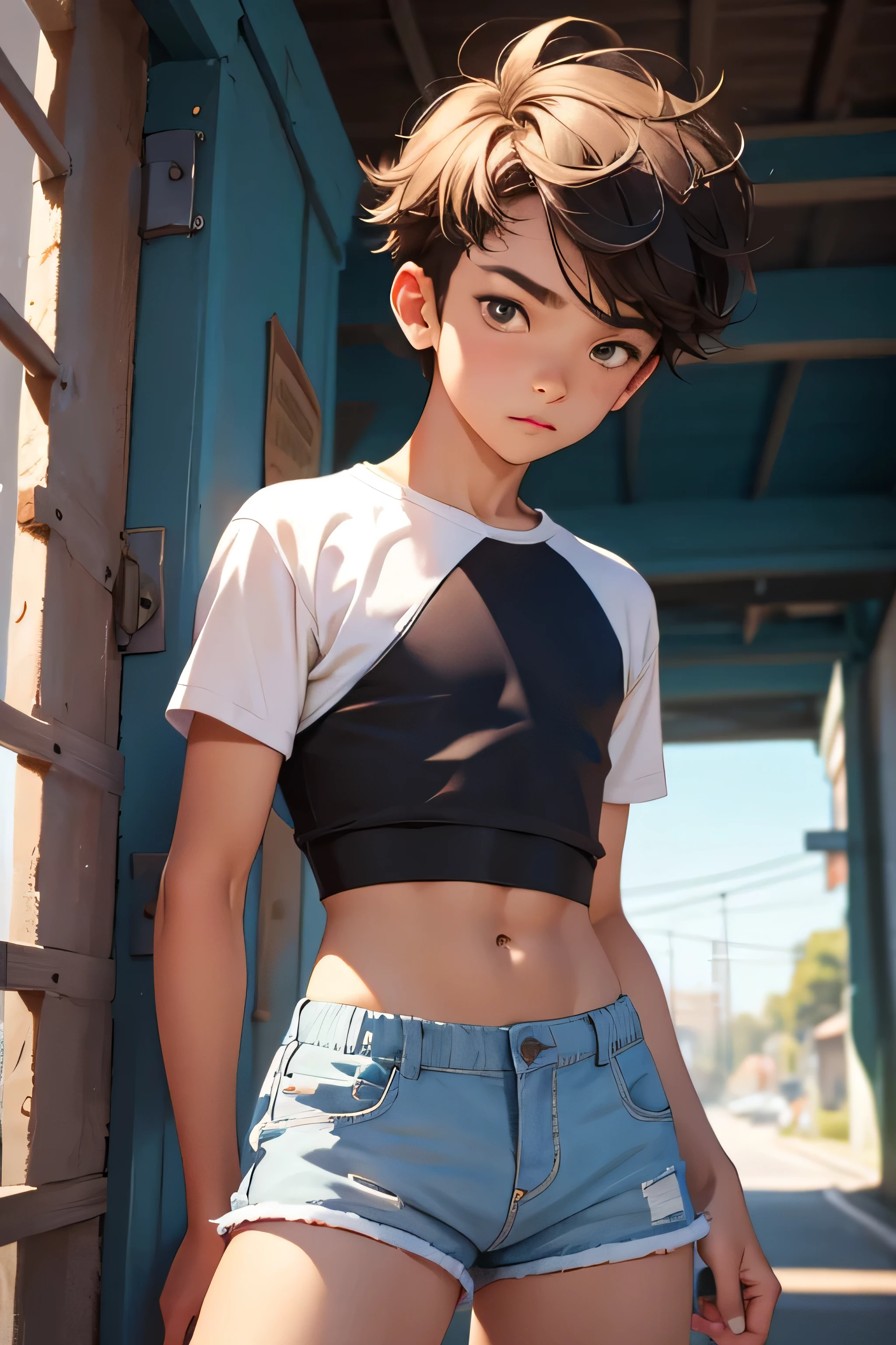 Teen boy 14 years old, boy wears a crop top and too very short shorts,