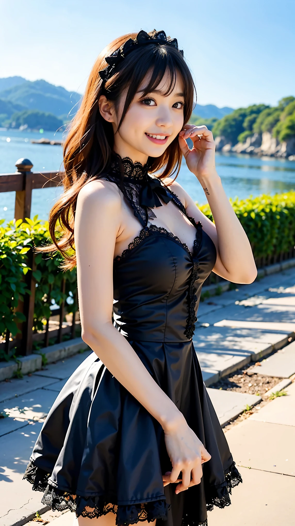 1 Nogizaka Musume、very cute、beautiful girl、19 years old、(Gothic Fashion)、Beautiful Face, Exquisite eye and skin detail、Fine, shiny black hair、Elegant frills、Frilled tie、Ribbon tie、Rose Hair Accessories、(Smiling for the camera)、(Cowboy Shot)、(European Seas)、break、(Delicate lace、Soft fabric、beautiful rose pattern dress)、Perfect Anatomy、Four fingers and a thumb、Seaside Background、BREAK ceremony,((Random sexy poses、put in、Deep joy, Ecstatic eyes:1.2)), ((I gasp hard:1.2))、Ecstatic face、Climax expression, Through clenched teeth、My whole body is convulsing、Official Art,Highly detailed CG Unity 8k wallpaper, (masterpiece:1.0),(highest quality:1.0), photo shoot, 8k, Browsing Caution, High resolution, Kodak Portrait 400, Film Grain, Lens flare brilliance,Very low camera angle, View your viewers, Back view, look back