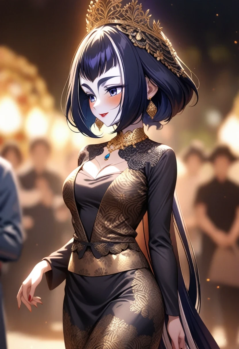 (shylily/(Twich/):1.5),(masterpiece:1.2),(best quality:1.2),photography, Miss,  java wedding Miss in black kebaya dress traditional and batik skirt, Looking at the audience, Jewelry in the hair and hair graying, Crown Says Java, Red lipstick, Golden necklace, earrings, Gorgeous, detail, Flowers, Blurred background, Soft Focus, whole body
