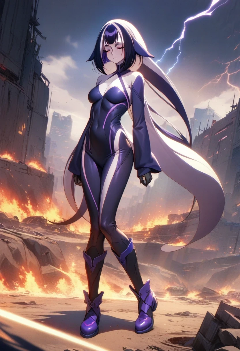 (shylily/(Twich/):1.5),(masterpiece:1.2),(best quality:1.2),(masterpiece, top quality), (Perfect athletic body: 1.2), (Detailed hair), Ultra Detailed, anime style, whole body, Solitary, Cyberpunk Shadow Maidan Elf Girl,Hair braided, Close your eyes, Dressing like a nun, Dark purple cyberpunk suit, The bone shadow shapes a six-legged dragon as a servant, short, standing sleepily, Wearing high-tech boots, wasteland, White background, whole body, supernatural fire and lightning,