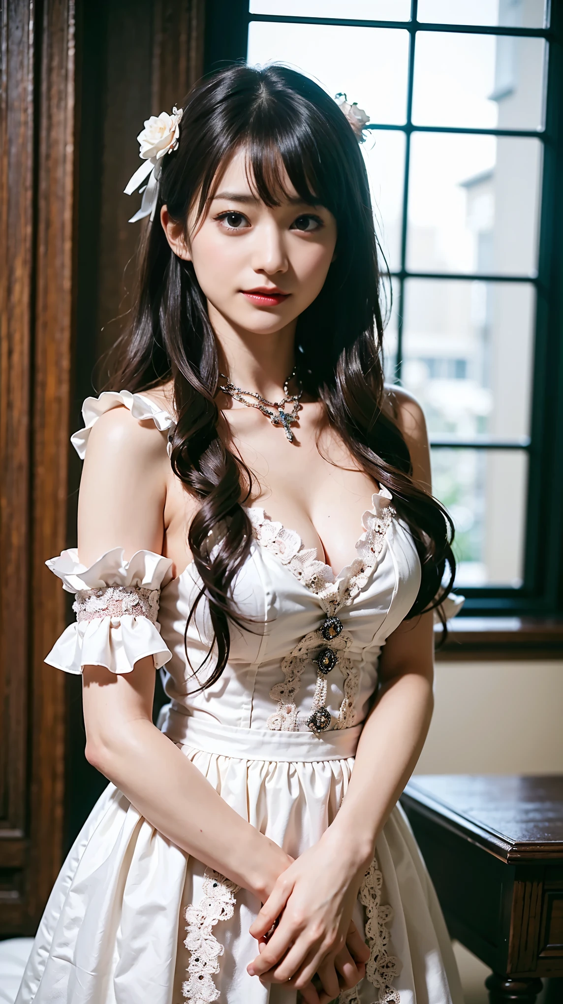 1 Nogizaka Musume、very cute、beautiful girl、19 years old、(Gothic Fashion)、Beautiful Face, Exquisite eye and skin detail、Fine, shiny black hair、Elegant frills、Frilled tie、Ribbon tie、Rose Hair Accessories、(Smiling for the camera)、(Cowboy Shot)、(European Seas)、Professional Lighting、break、(Realistic、Photorealistic:1.37)、8k、(masterpiece)、(highest quality:1.4)、(Ultra-high resolution:1.2)、 (RAW Photos:1.2)、(Delicate lace、Soft fabric、beautiful rose pattern dress)、Perfect Anatomy、Four fingers and a thumb、Seaside Background、(Wallpaper by Unity 8k)