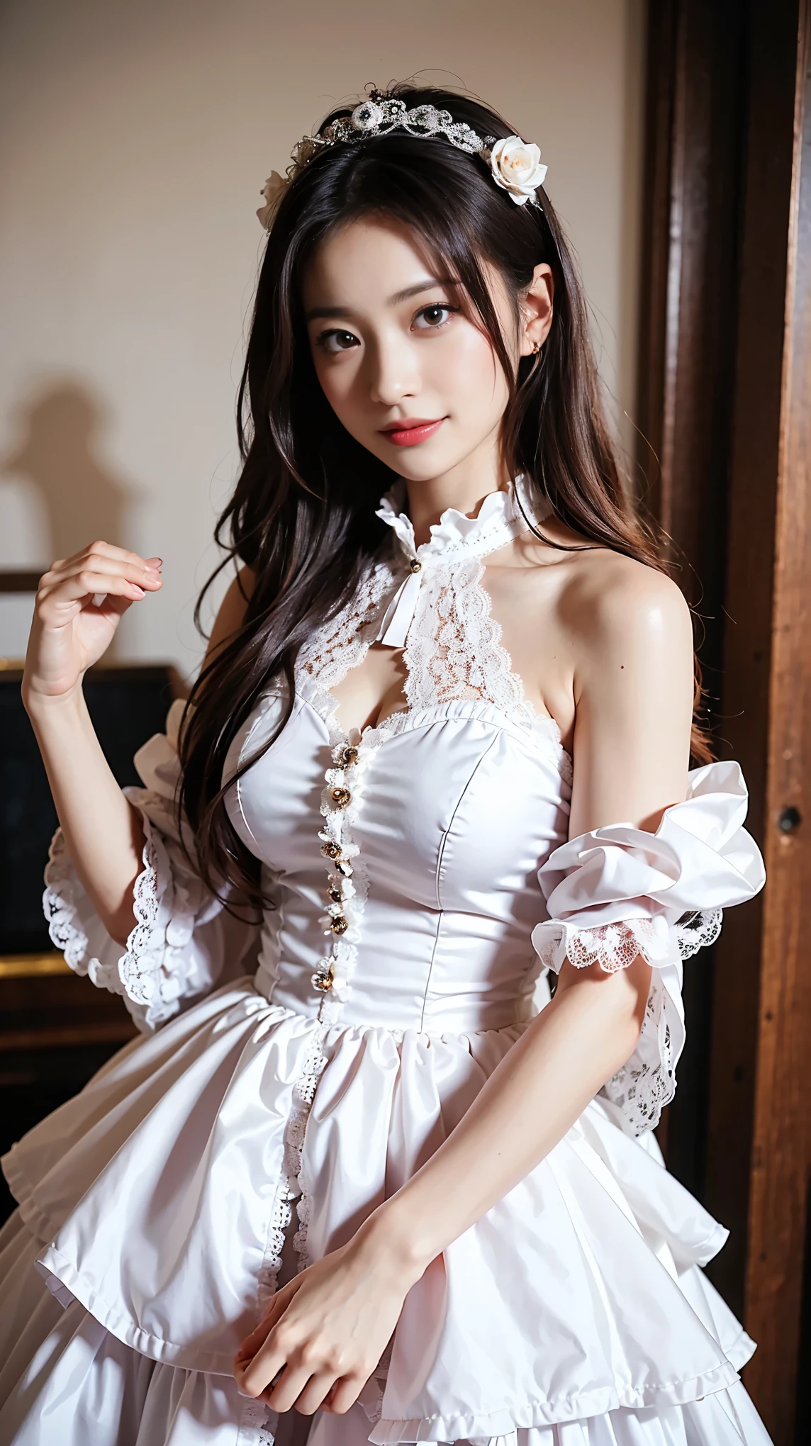 1 Nogizaka Musume、very cute、beautiful girl、19 years old、(Gothic Fashion)、Beautiful Face, Exquisite eye and skin detail、Fine, shiny black hair、Elegant frills、Frilled tie、Ribbon tie、Rose Hair Accessories、(Smiling for the camera)、(Cowboy Shot)、(European Seas)、Professional Lighting、break、(Realistic、Photorealistic:1.37)、8k、(masterpiece)、(highest quality:1.4)、(Ultra-high resolution:1.2)、 (RAW Photos:1.2)、(Delicate lace、Soft fabric、beautiful rose pattern dress)、Perfect Anatomy、Four fingers and a thumb、Seaside Background、(Wallpaper by Unity 8k)