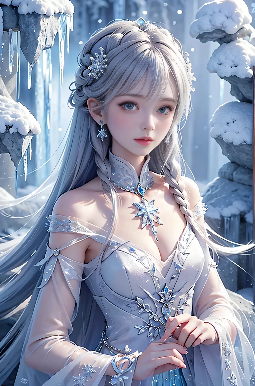 wood, Exquisite mini ice spikes and crystals, Frozen waterfall in the background, Light reflected by ice crystals, Flowing snowflakes.Beautiful woman、Gray Hair、pretty girl,2.5D illustration,
