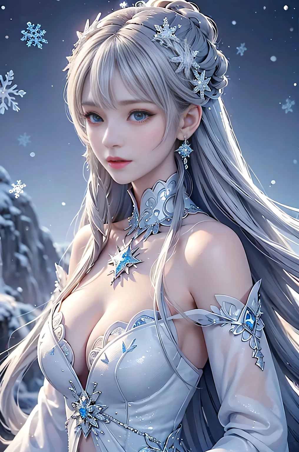 wood, Exquisite mini ice spikes and crystals, Frozen waterfall in the background, Light reflected by ice crystals, Flowing snowflakes.Beautiful woman、Gray Hair、pretty girl,2.5D illustration,Beautiful cleavage
