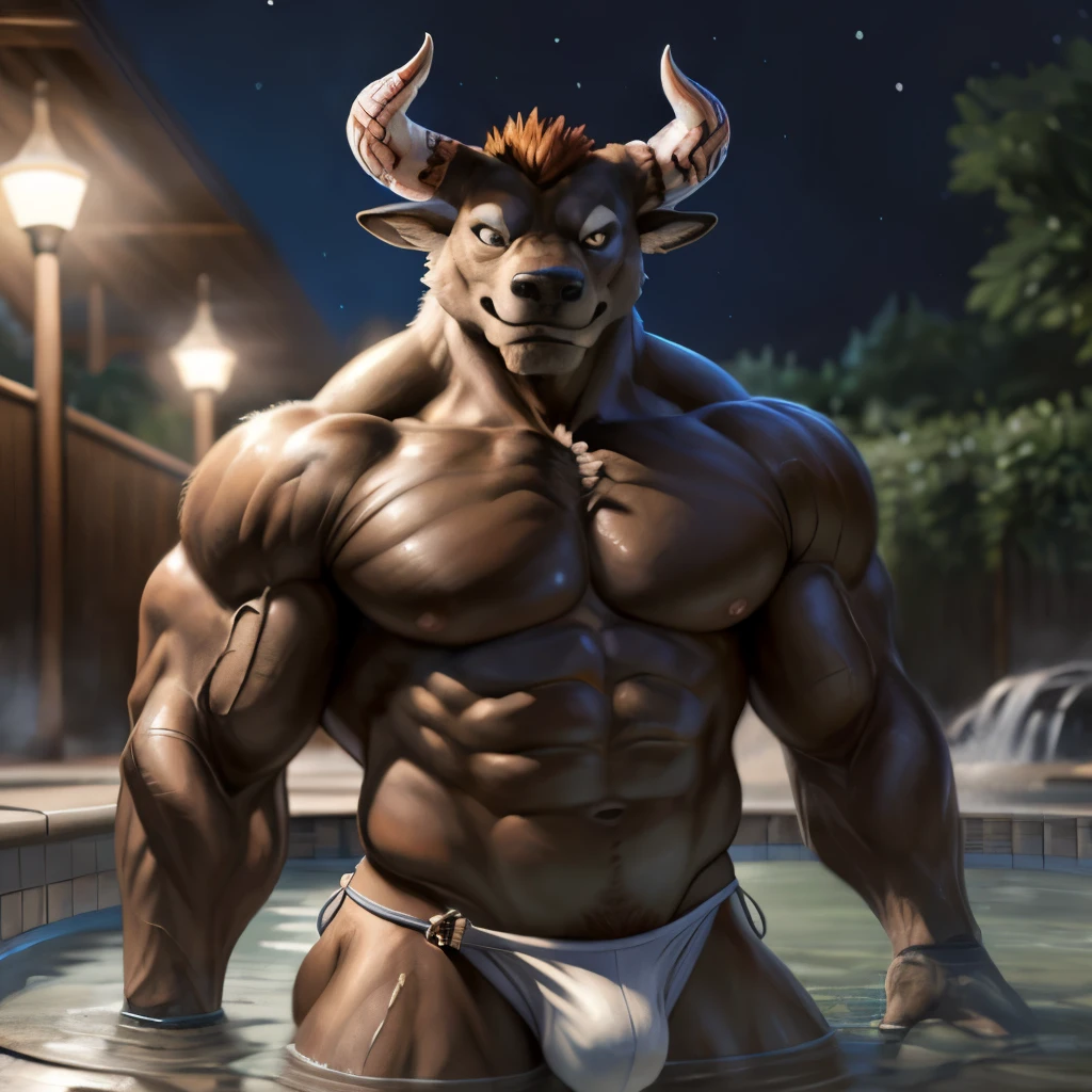 Gyumao \(tokyo_afterschool_summoner\), seductive smug face, big horns, brown body, bodybuilder, muscular male, muscular, detailed muscles, detailed fur, bright fur, bright body, night, detailed face, high detailed, high resolution, underwear, high quality, detailed eyes, detailed background, thermal baths background, detailed muscular abs, huge muscular pecs, huge muscular biceps, thick muscular thighs, anthro, loincloth, male, full portrait, by bomb, by chunie, by bruteandbrawn, by personalami, by kenket, (intricate, high detail, film photography, soft focus, RAW candid cinema, photorealism, realistic, photorealistic, analog style, subsurface scattering, masterpiece, best quality, ultra realistic, 8k)