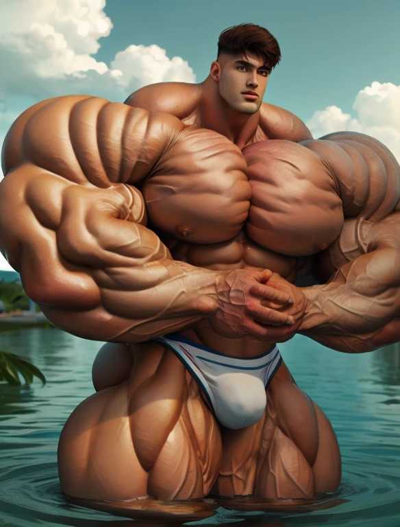 1boy, giant, model shoot style, looking at camera, standing, cool ambience, outdoor, summer season, at the ocean lagoon, cloudy sky, strong body, bulk, large size, standing, white triangular underwear, prominent bulge, big, brutalmass, giant, muscular body, bulk, massive body, large meaty body size. Hyper Realistic
