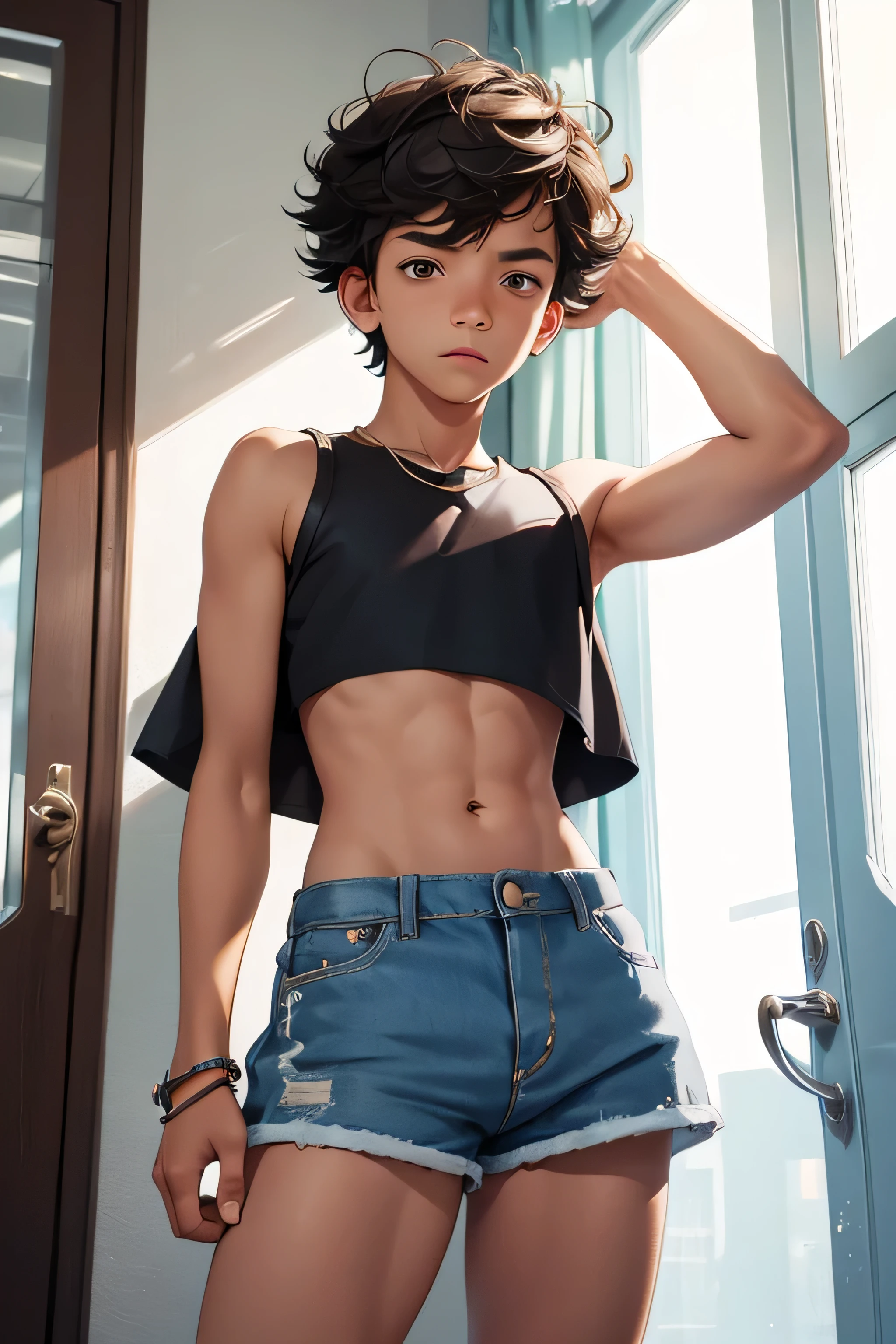 , boy wears a crop top and too very short shorts,