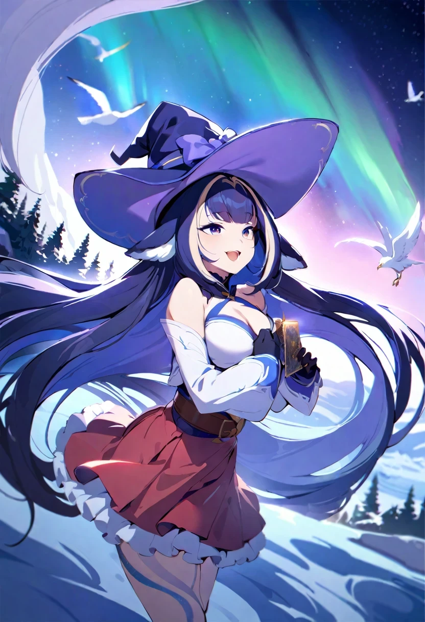 (shylily/(Twich/):1.5),(masterpiece:1.2),(best quality:1.2),((masterpiece:1.2, best quality)), 1 Girl, Solitary, (Witch Hat), , Long hair, skirt, aurora, night, Star (Sky), Gloves, Sky, white skirt, night Sky, open mouth, Starry Sky, ribbon, very Long hair, red skirt, Smile, hair ribbon, (bird), magic, Spellcasting, dark clouds, night, (Impressionism:1.4), (Tarot cards:1.3),