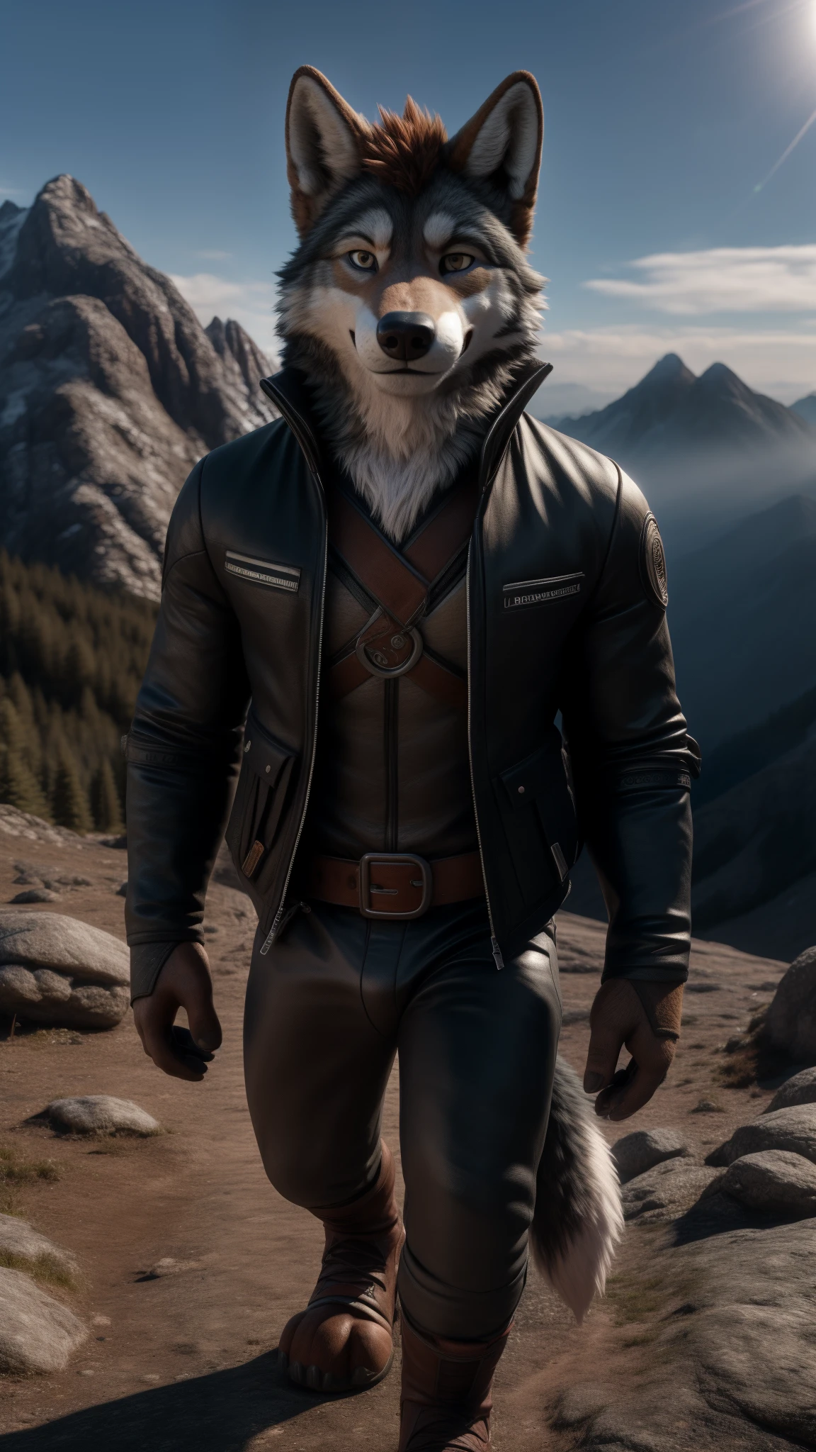 3D portrait of furry max wolf Today he has grown up and become an adventurer but he is still the same boy inside looking at the viewer with a smile while he is walking on a mountain with a very beautiful view wearing a random outfit a black jacket posing for the camera with interesting details cinematic style 5D ultra HDR 8K