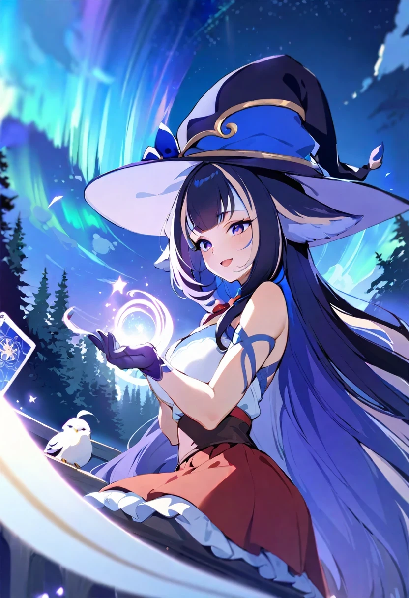 (shylily/(Twich/):1.5),(masterpiece:1.2),(best quality:1.2),((masterpiece:1.2, best quality)), 1 Girl, Solitary, (Witch Hat), , Long hair, skirt, aurora, night, Star (Sky), Gloves, Sky, white skirt, night Sky, open mouth, Starry Sky, ribbon, very Long hair, red skirt, Smile, hair ribbon, (bird), magic, Spellcasting, dark clouds, night, (Impressionism:1.4), (Tarot cards:1.3),