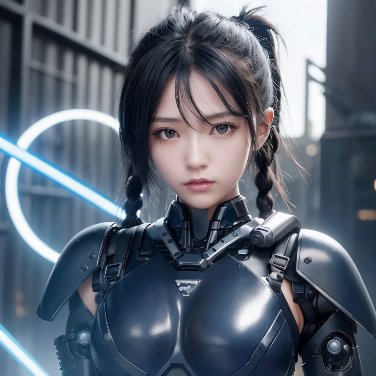 Cyberpunk Girl, Digital Cyberpunk Art, (Digital Cyberpunk Art), Ultra high definition、masterpiece、correct、Anatomically correct、Textured skin、Very detailed、High detail、high quality、最high quality、High resolution、8k、Raw photo、whole body、Beautiful Teenage Woman、One Japanese woman、Big beautiful eyeedium chest、Black hair ponytail、((Shiny navy blue robot ninja outfit))、In a dark forest、((Shiny Robot Ninja))、((Shiny robotic silver gauntlets))、((Holding a sword))
