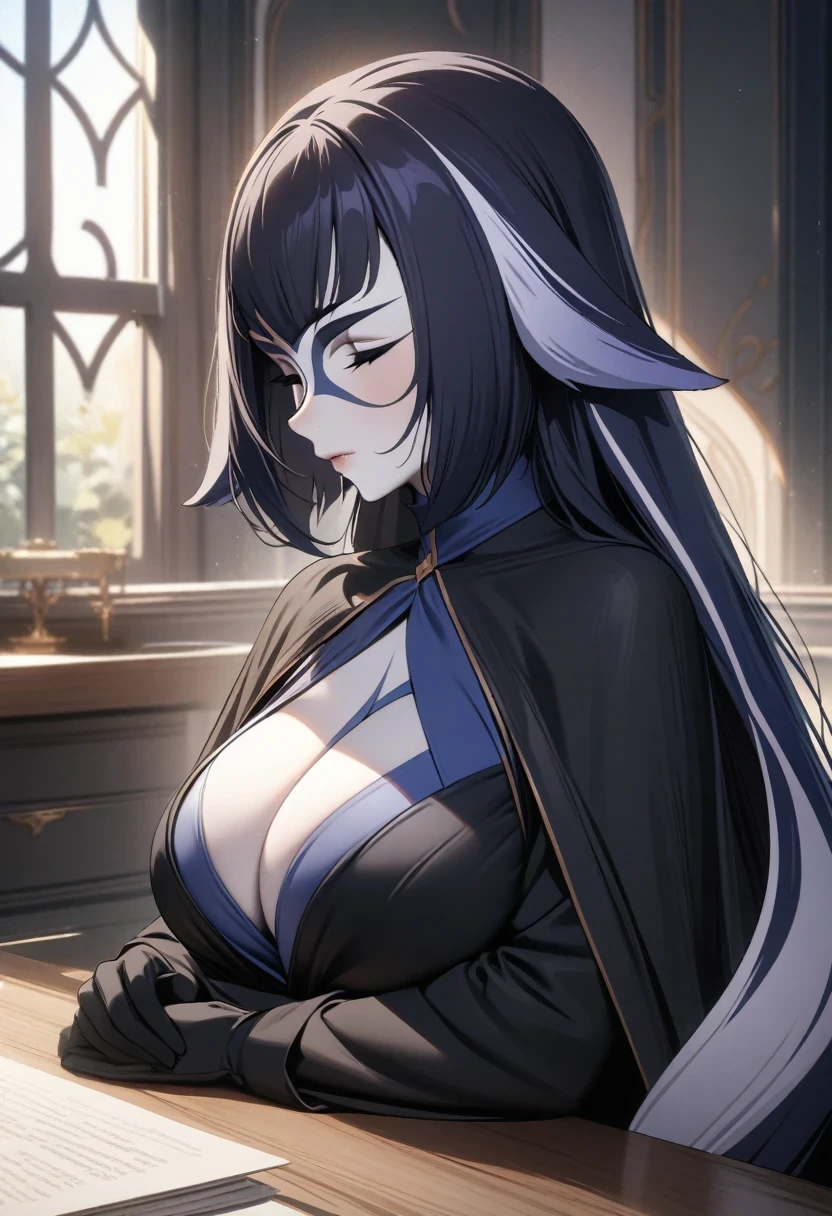 (shylily/(Twich/):1.5),(masterpiece:1.2),(best quality:1.2),(masterpiece, best quality:1.2), illustration, 8k, HD, 1 Girl, Solitary, , Black coat, Black suit, Top Hat, Large Breasts, Black pants, indoors, (assignment:1.2), High, Mature, elegant, Black gloves, Upper Body, From the front, Long hair,