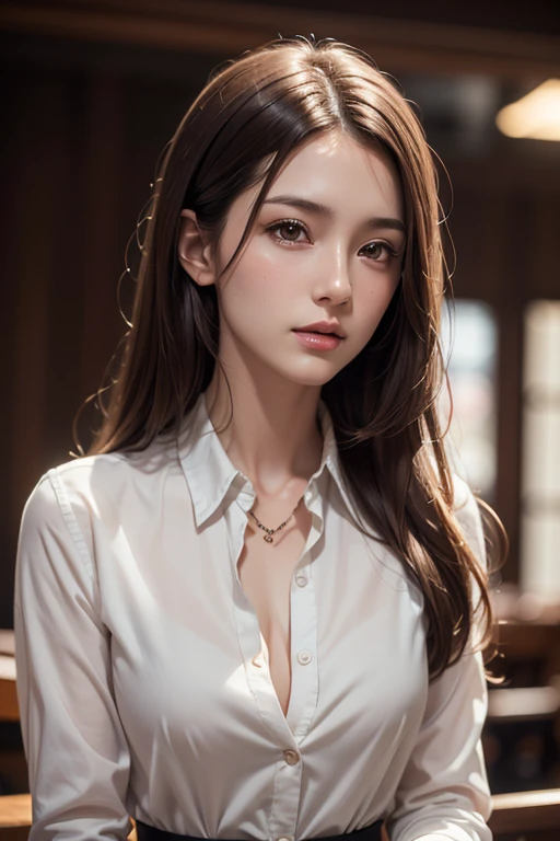 Realistic, Like the picture, Tabletop, highest quality, RAW Photos, One Girl, alone, Long Hair, Brown Hair, Detailed face, Attractive face, Collared shirt, Medium chest, Dynamic pose, View your viewers, From below, Detailed Background, Fine details, Intricate details, Ray Tracing, Depth of written boundary, Low Key, Hmph