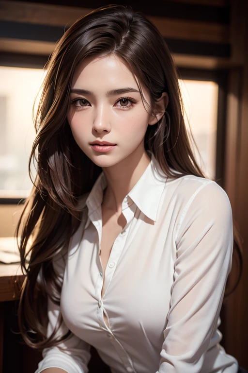 Realistic, Like the picture, Tabletop, highest quality, RAW Photos, One Girl, alone, Long Hair, Brown Hair, Detailed face, Attractive face, Collared shirt, Medium chest, Dynamic pose, View your viewers, From below, Detailed Background, Fine details, Intricate details, Ray Tracing, Depth of written boundary, Low Key, Hmph