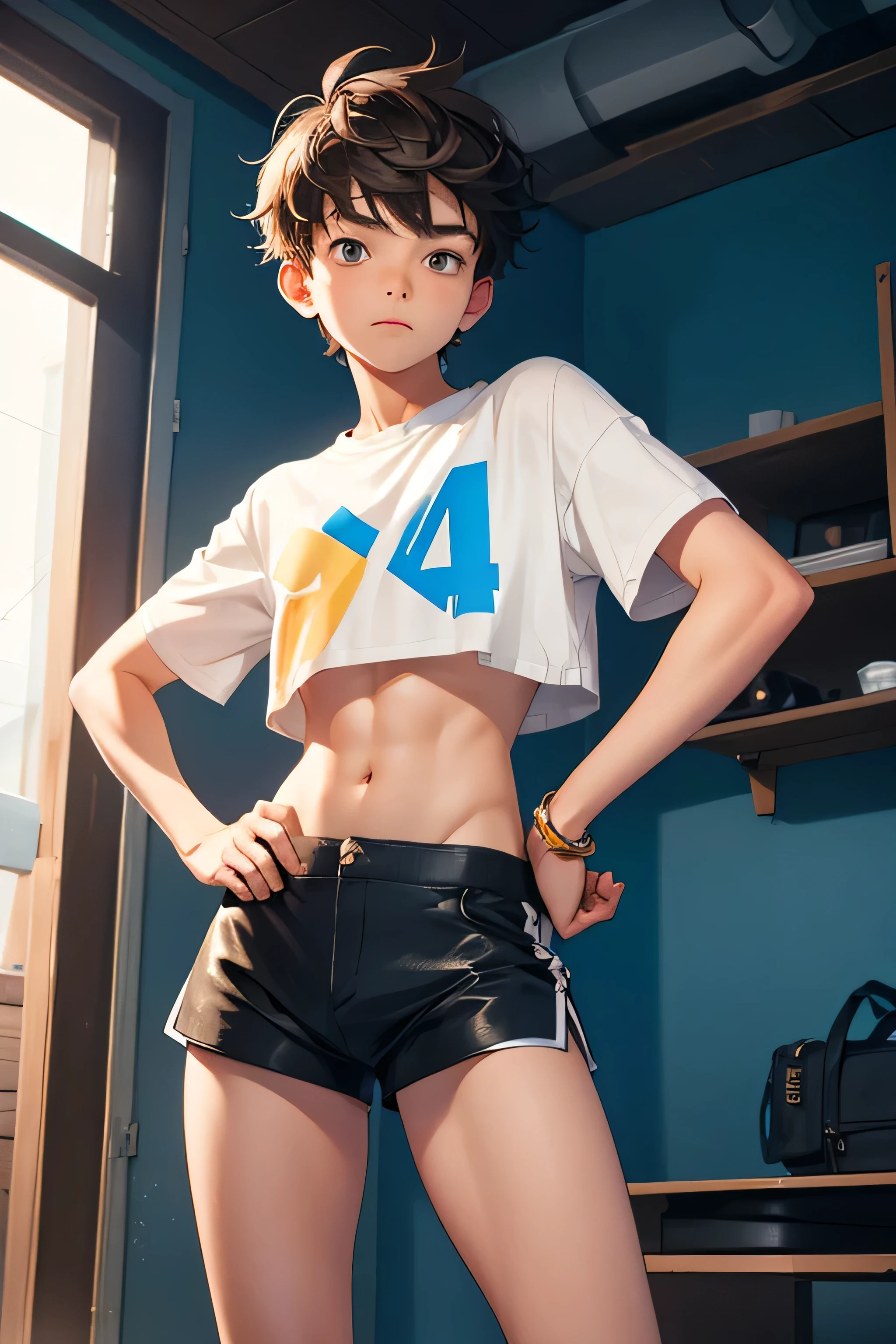, boy wears a crop top and too very short shorts,
