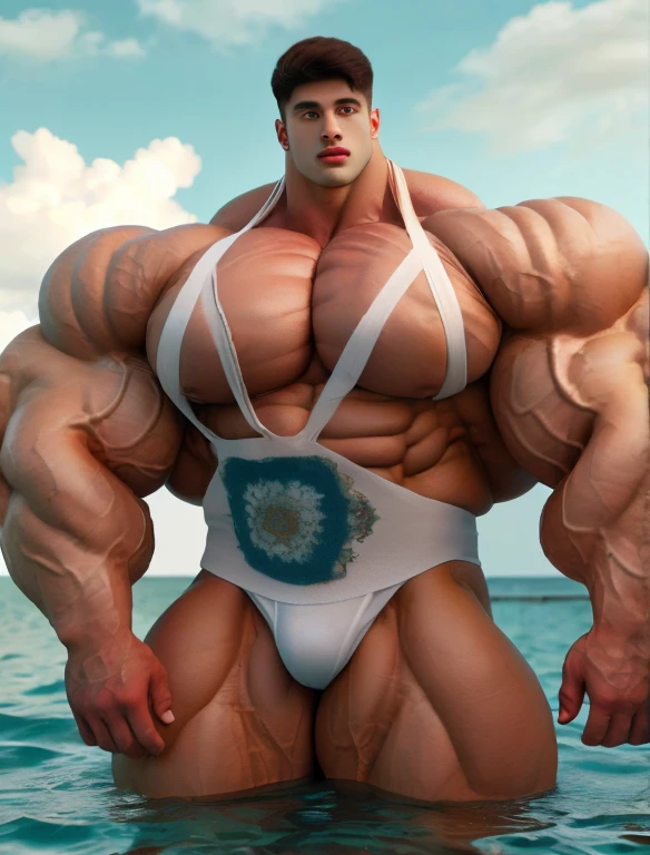 1boy, giant, model shoot style, looking at camera, standing, cool ambience, outdoor, summer season, at the ocean lagoon, cloudy sky, strong body, bulk, large size, standing, white triangular underwear, prominent bulge, big, brutalmass, giant, muscular body, bulk, massive body, large meaty body size