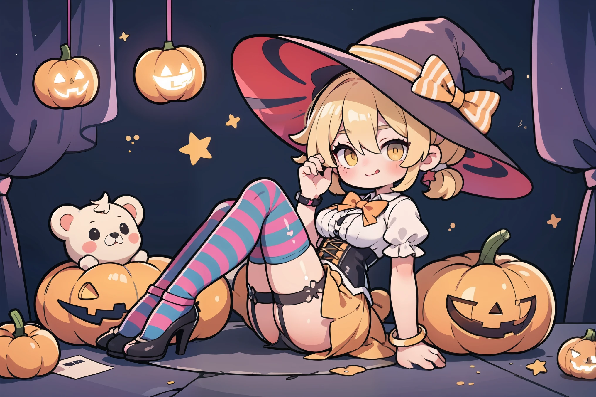 masterpiece, best quality, hat,witch hat,1girl, thighhighs, candy, food, blonde hair, high heels, striped, jack-o'-lantern, yellow eyes, double bun, bow, looking at viewer, bowtie, solo, stuffed toy, breasts, halloween, hair bun, stuffed animal, candy cane, striped thighhighs, teddy bear, pumpkin, shirt, puffy sleeves, star (symbol), white shirt, large breasts, lollipop, tongue, vertical stripes, tongue out, short hair, short sleeves, bangs, smile, skirt, :p, vertical-striped thighhighs, yellow bow, orange bow, lying, garter straps, puffy short sleeves, shoes, watch, bracelet, sitting, legs up, corset, hair between eyes, lips, shorts, glowing, cup, indoors, underbust, yellow bowtie, closed mouth, box, medium breasts, hair ornament