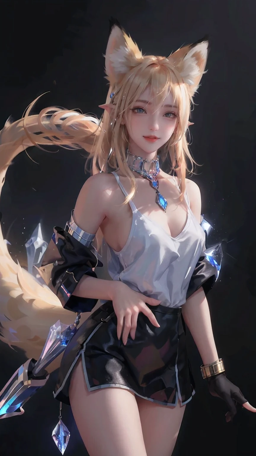 Super Resolution, (Realism: 1.3), 1 (Slim: 1.2) Girl, Solo, Looking at the Audience, League of Legends, Fox, KDA Fox, Blonde Hair, Fox Ears, Fox Tail, Blue Coat, White Top, Black Skirt, Laser, Light Effect, Super Perfect Face, Perfect Eyes, Good Looking, ((Crystal Tail,)) Lots of Tails, Perfect Eyes