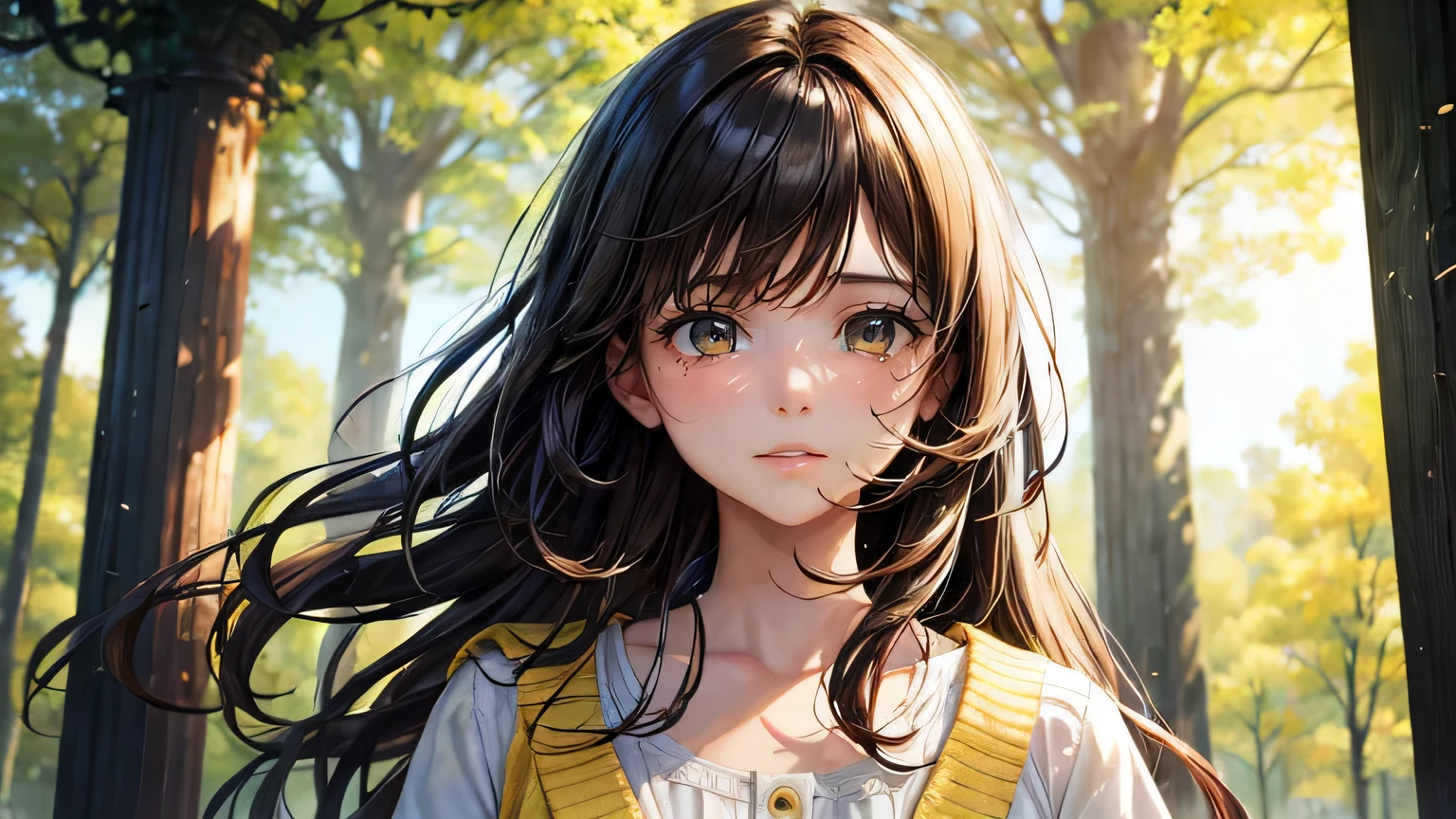 (oil, masterpiece, highest quality, Super detailed, Focus on the characters), woman,White shoulderless dress,Yellow-green cardigan,Crying face,Brown long hair,Spring Tree Leakage Sun,Detailed hair depiction,Detailed depiction down to the tips of the hair,([return:0.8]|[ face facing returnwards:1.1]), ,([Margaret Field Scenario:1.2]|[ ground:1.3]| [High Contrast:1.1])  