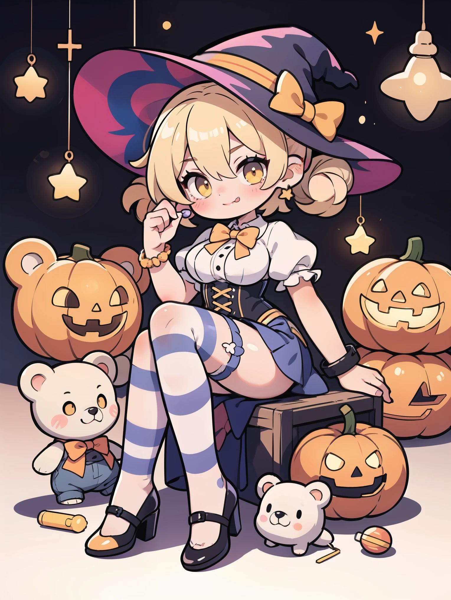 masterpiece, best quality, hat,witch hat,1girl, thighhighs, candy, food, blonde hair, high heels, striped, jack-o'-lantern, yellow eyes, double bun, bow, looking at viewer, bowtie, solo, stuffed toy, breasts, halloween, hair bun, stuffed animal, candy cane, striped thighhighs, teddy bear, pumpkin, shirt, puffy sleeves, star (symbol), white shirt, large breasts, lollipop, tongue, vertical stripes, tongue out, short hair, short sleeves, bangs, smile, skirt, :p, vertical-striped thighhighs, yellow bow, orange bow, lying, garter straps, puffy short sleeves, shoes, watch, bracelet, sitting, legs up, corset, hair between eyes, lips, shorts, glowing, cup, indoors, underbust, yellow bowtie, closed mouth, box, medium breasts, hair ornament