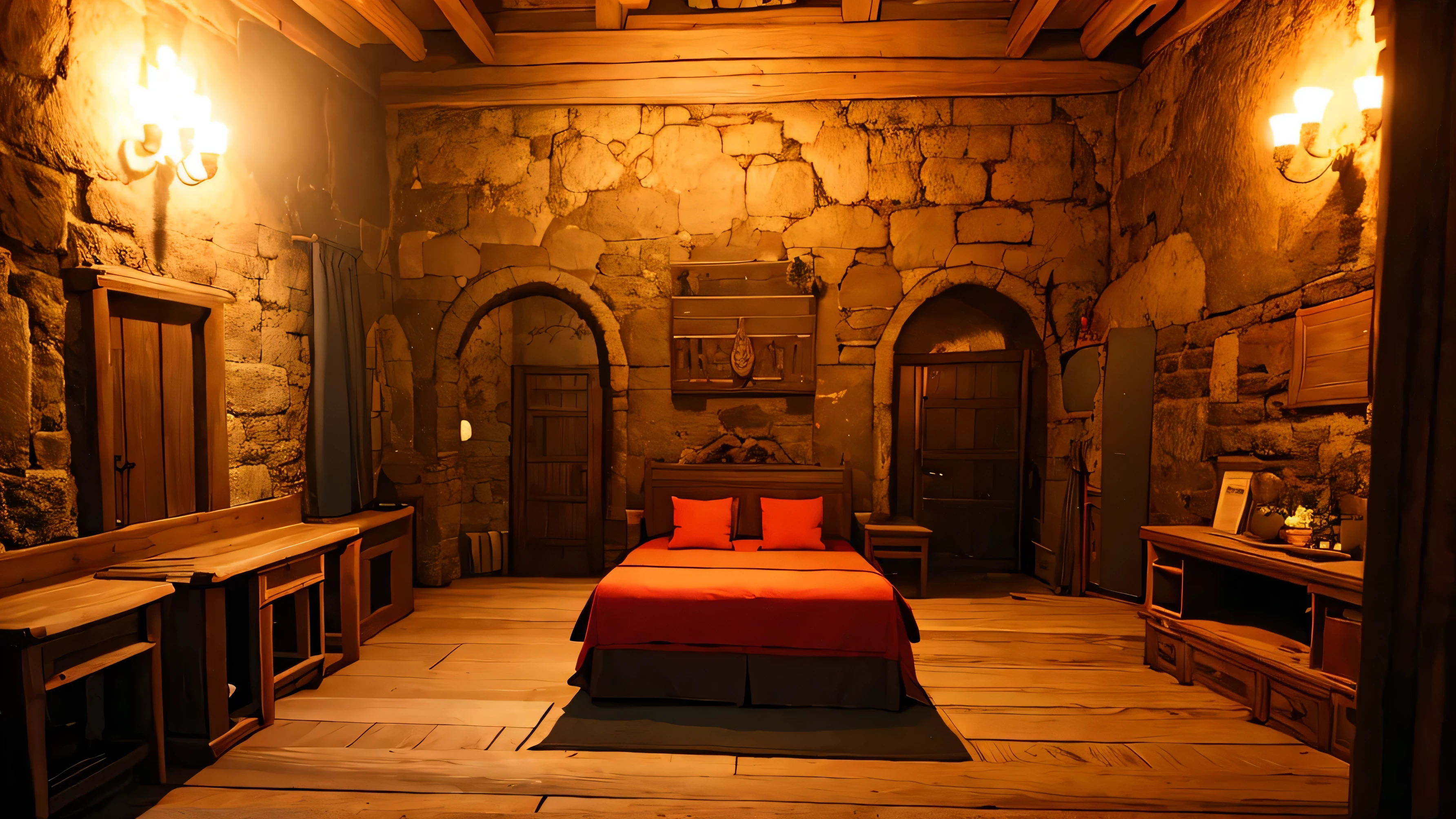 Medieval room with a bed, velas y sin personas