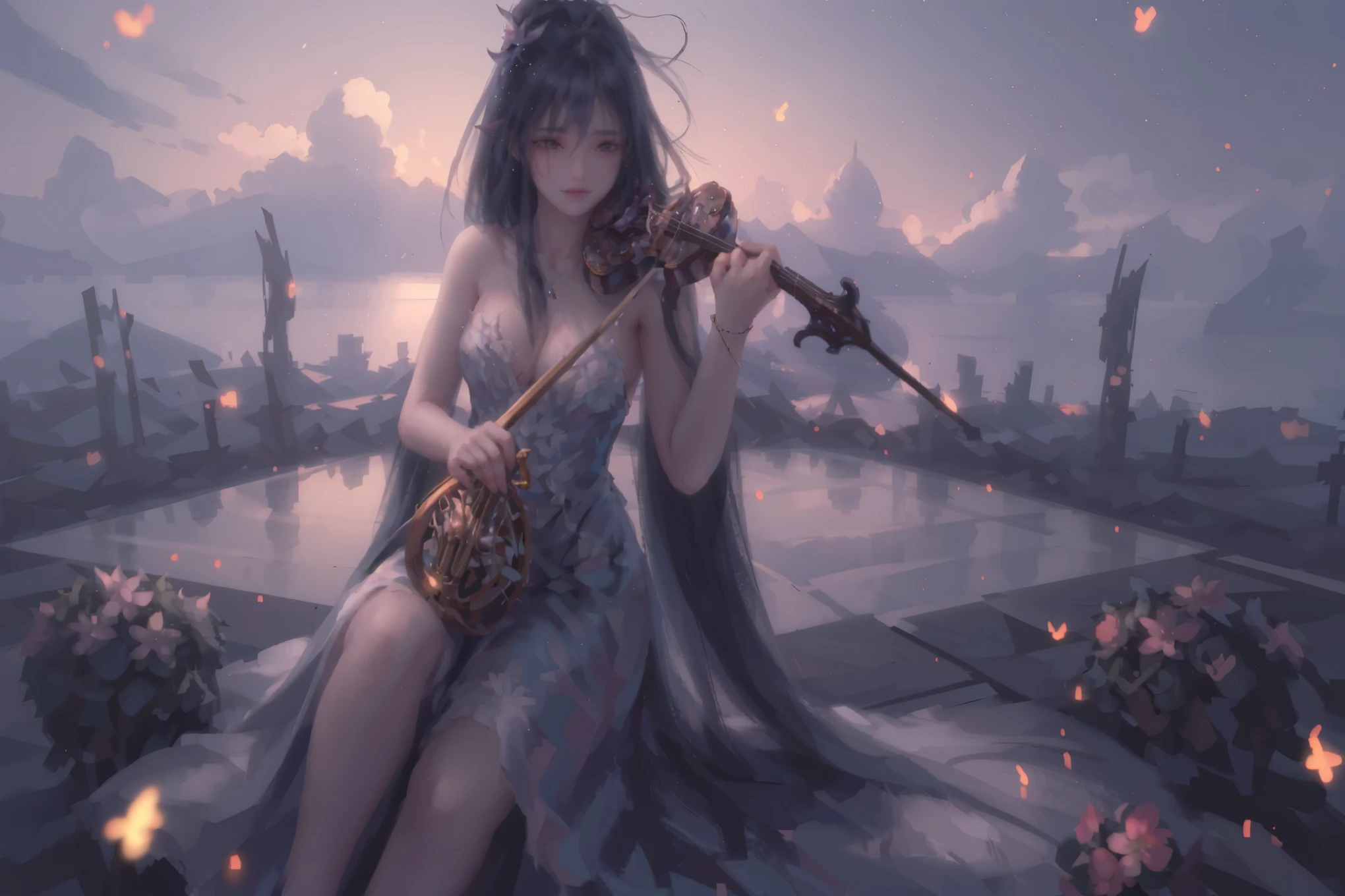 Raw, cinematic shot, (sharp focus:1.5), (photorealistic:1.4), twilight lighting, volumetric lighting, ultra high res, 16K,dramatic lighting, 1girl, solo, long hair, violin, instrument, black eyes, dress, white dress, white hair, looking at viewer, light particles, closed mouth, indoors, jewelry, sleeveless, bare shoulders, bangs, head tilt, black rose, beautiful detailed eyes, detailed background, amanhecer, cloud, flower, sky, scenery, day, grass, outdoors, blue_sky, field, cloudy_sky, horizon, hydrangea, water, ocean, mountain, blue_flower, flower_field, bird, The black bow on the head, qingsha, plyaing violin, harp, sole, foot focus, violin,