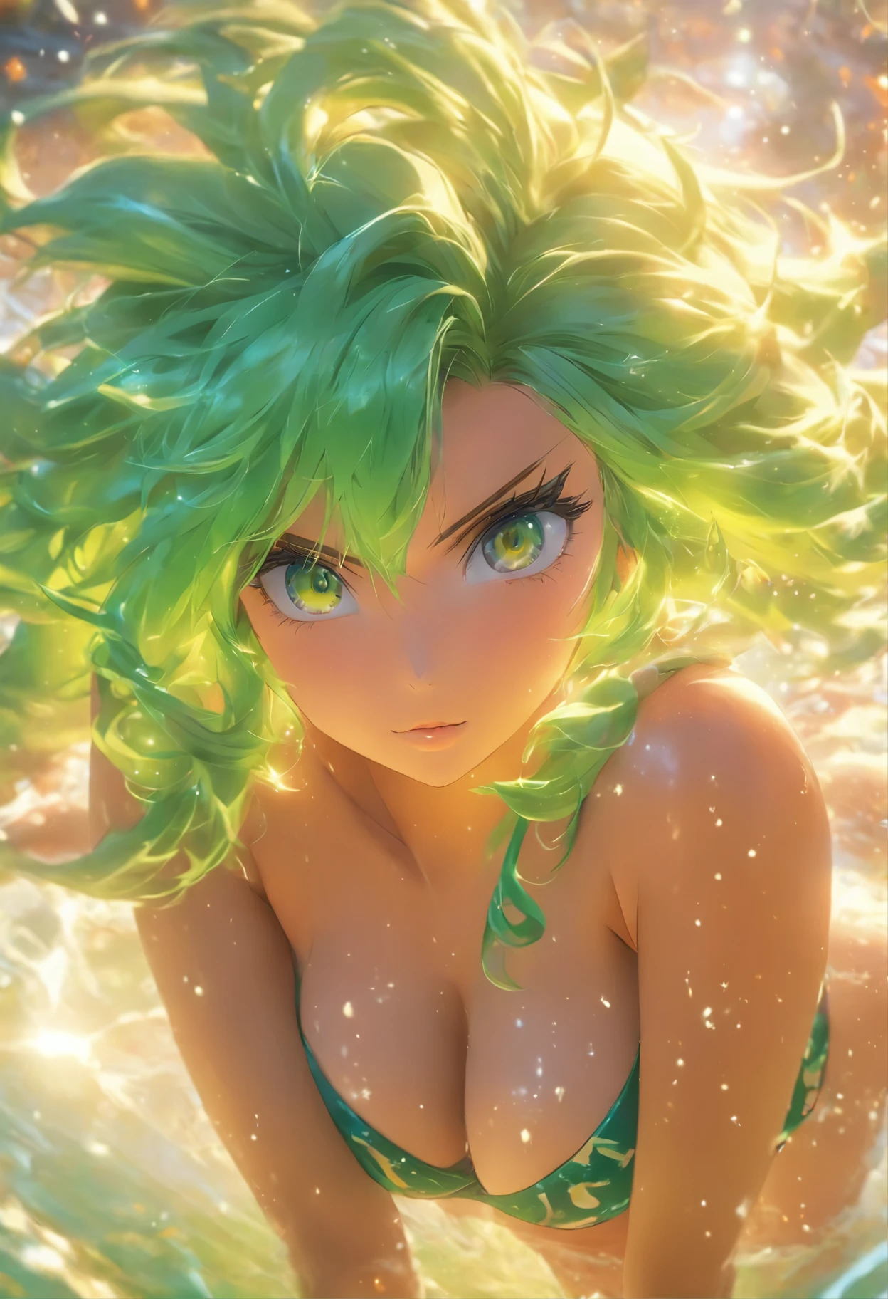 a woman in a bikini and green hair posing for a picture, seductive anime girl, thicc, anime goddess, detailed anime artwork, detailed digital anime art, oppai, ayaka genshin impact, , 8k high quality detailed art, beautiful alluring anime woman, 2. 5 d cgi anime fantasy artwork, big breasts!