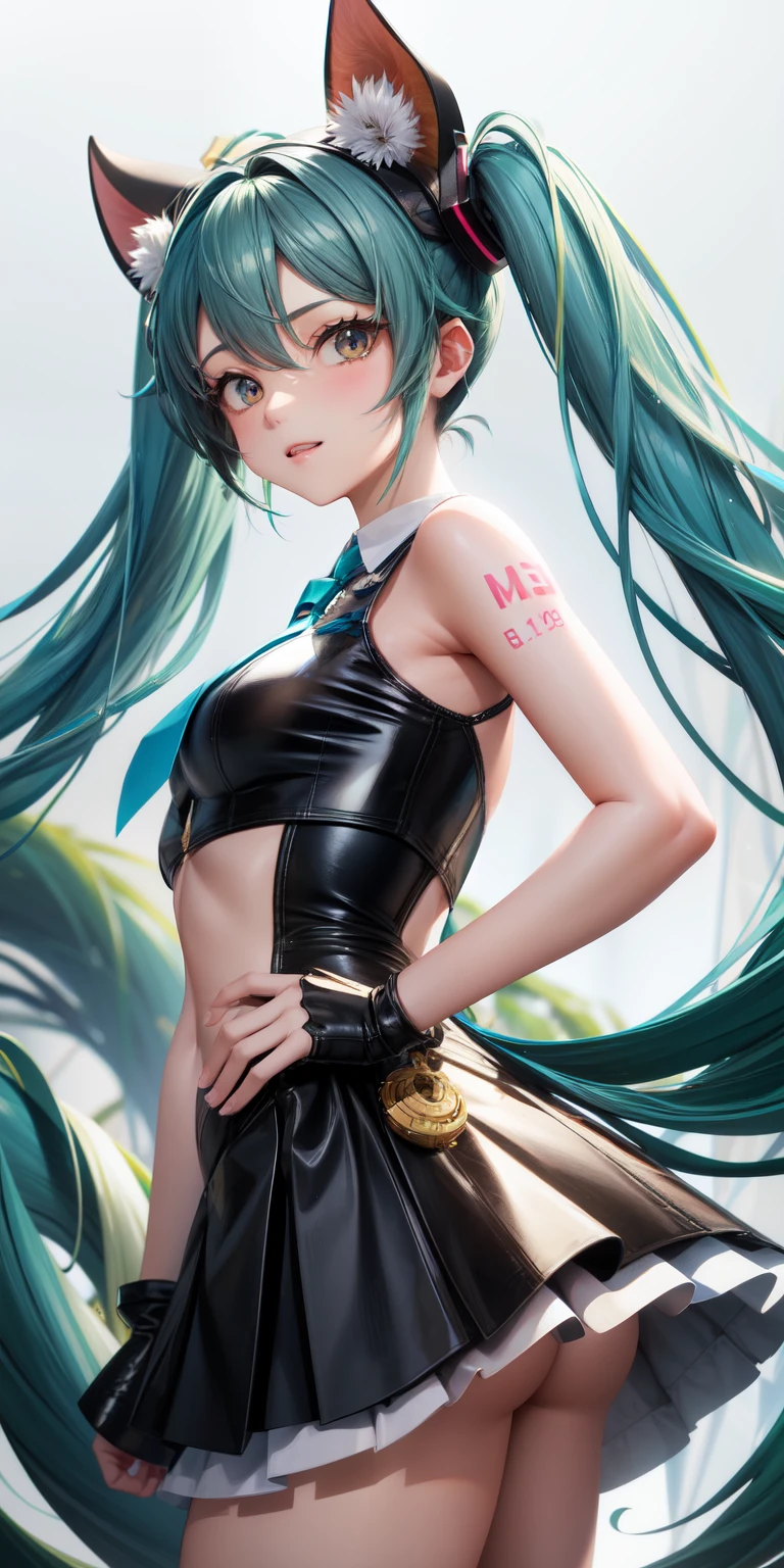 Make a vtuber with a monkey theme and the most obvious spiral symbol. de cabelos ruivos e um design que se refere a Hatsune miku e a Gura Gawr, Olhos todos e baixinha, com dentes afiados