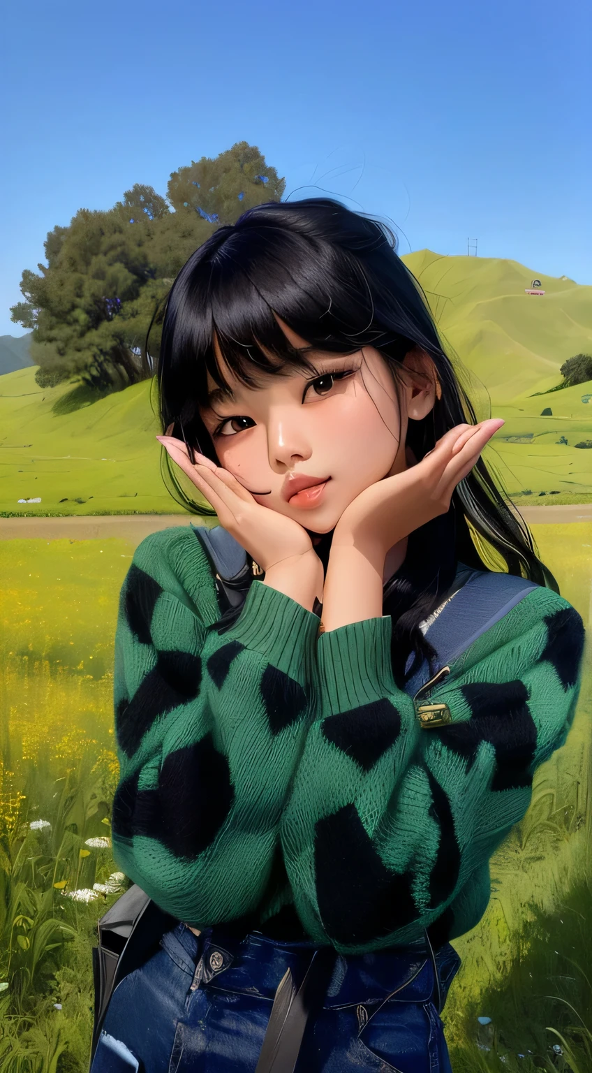 Girl Aarav in a green sweater takes a photo., young Asian girl, In the vast green meadow, On a green hill., young woman with black hair, Cute Girl, Lulu Chen, Wear a green sweater, Mackenzie Foy, Gemma Chen, Vertical 4 / 3, Asian girl, She has black hair and bangs., In the meadow, Eva Elf