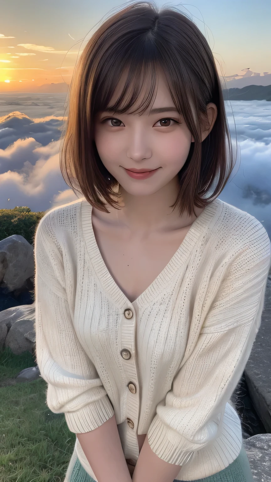 (8k、Photorealistic、Raw photo、highest quality: 1.4)、（highest quality、Ultra-realistic shooting）、Majestic Mountain、(((sea of clouds)))、Woman watching the sunset、Selfie、（（Upper Body））、White T-shirt、Trekking pants、Trekking boots、rucksack、（Very delicate face、so beautiful）Maid、Very delicate eyes、Highly detailed nose、Very sophisticated mouth、Highly detailed facial features）、beauty、18-year-old、Sweating on the face and forehead、White shirt , huge shy smile , random cute pose , big eyes , cute dress , Knitted cardigans
