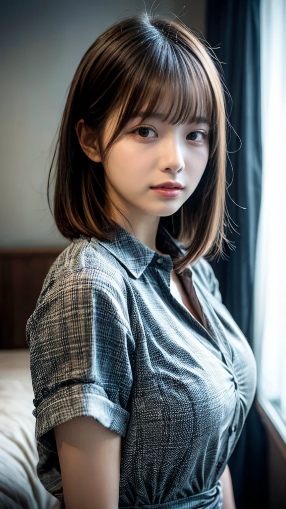 masterpiece, Best Quality, 8K, 20 yo, huge breasts, cuddly, Solo, sad, Cute, Girly, Delicate girl, Neat and clean beauty, Raw photo, Professional Photography, Portrait, Soft light, Professional Lighting, Back lighting, Upper body, front view, Sophisticated, Film grain, (Eyes and faces with detailed:1.0), short length floating hair, beautiful flowing hair, bangs, Flannel Lounge Shirt