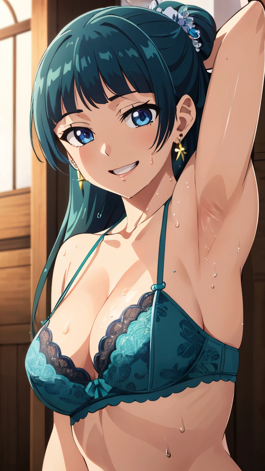 Top quality (8k, high resolution, masterpiece: 1.2), super detailed, smiles, anime art style, dynamic angle, teen style, (bra, exposed shoulders, earrings, indoor,), detailed green hair, detailed blue eyes, intricate hairstyle, long hair , slim body, sparkling eyes, youthful, hair accessories, earrings, half-updo, slightly dull bangs, detailed lighting, bright colors, looking at the viewer, in the center of the image, cowboy shot, sweaty, armpits, ((close up armpits)), full of sweat, dripping wet armpits, laying down 