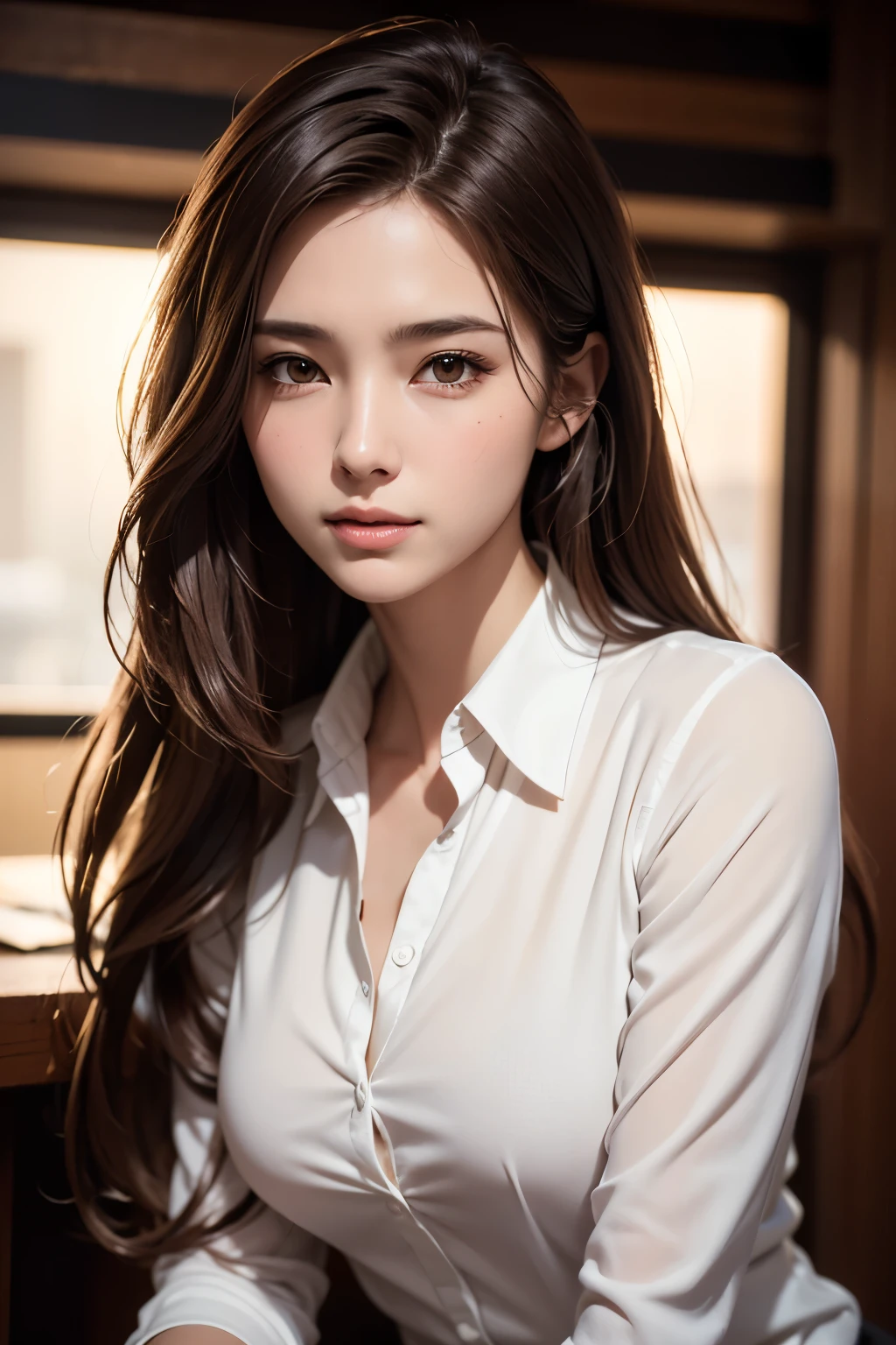 Realistic, Like the picture, Tabletop, highest quality, RAW Photos, One Girl, alone, Long Hair, Brown Hair, Detailed face, Attractive face, Collared shirt, Medium chest, Dynamic pose, View your viewers, From below, Detailed Background, Fine details, Intricate details, Ray Tracing, Depth of written boundary, Low Key, Hmph