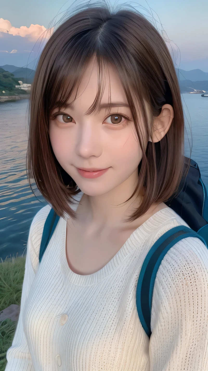 (8k、Photorealistic、Raw photo、highest quality: 1.4)、（highest quality、Ultra-realistic shooting）、Majestic Mountain、(((sea of clouds)))、Woman watching the sunset、Selfie、（（Upper Body））、White T-shirt、Trekking pants、Trekking boots、rucksack、（Very delicate face、so beautiful）Maid、Very delicate eyes、Highly detailed nose、Very sophisticated mouth、Highly detailed facial features）、beauty、18-year-old、Sweating on the face and forehead、White shirt , huge shy smile , random cute pose , big eyes , cute dress , Knitted cardigans