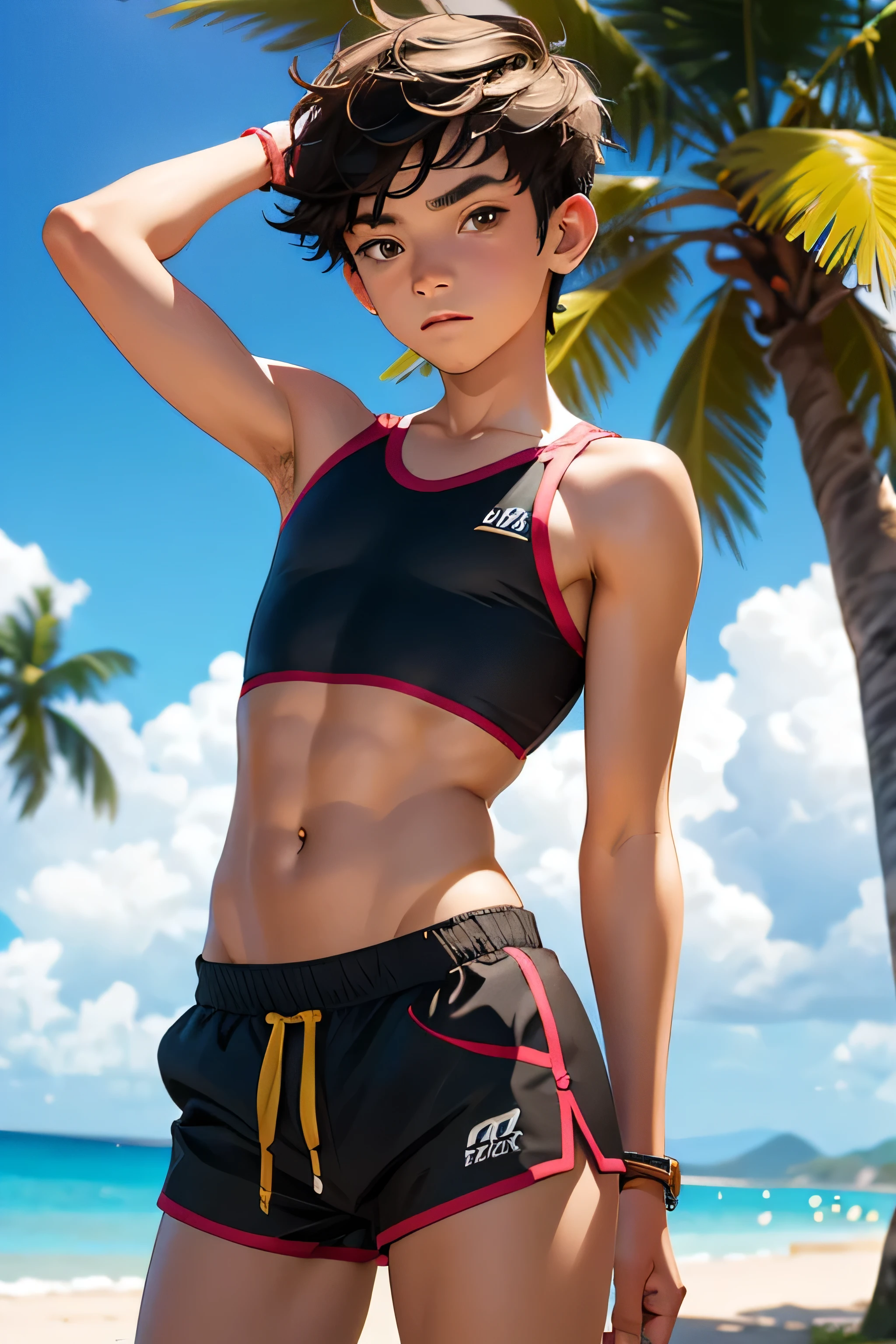 Teen boy 14 years old, boy wears a crop top and too very short shorts,