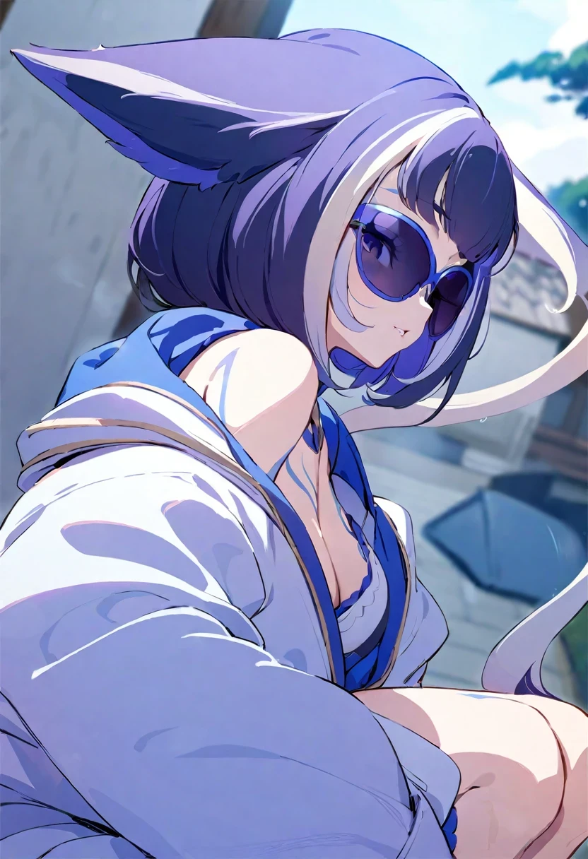(shylily/(Twich/):1.5),(masterpiece:1.2),(best quality:1.2),Best quality，masterpiece，A girl，Gradient hair，sunglasses，Gentle sister，coat，Japanese manga style，Second Dimension