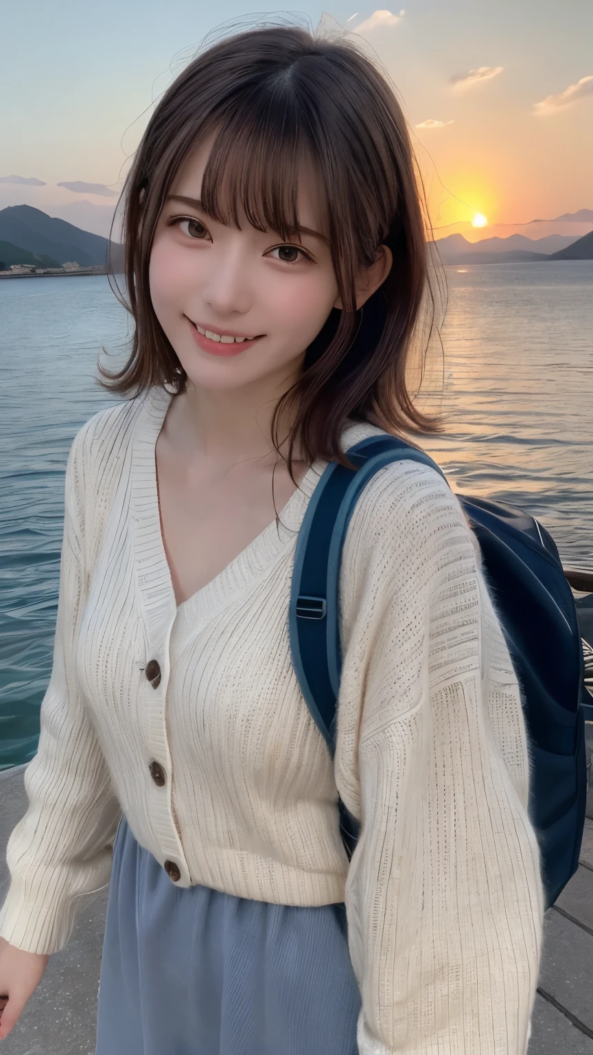 (8k、Photorealistic、Raw photo、highest quality: 1.4)、(highest quality、Ultra-realistic shooting)、Majestic Mountain、(((sea of clouds)))、Woman watching the sunset、Selfie、((Upper Body))、White T-shirt、Trekking pants、Trekking boots、rucksack、(Very delicate face、so beautiful)Maid、Very delicate eyes、Highly detailed nose、Very sophisticated mouth、Highly detailed facial features)、beauty、18-year-old、Sweating on the face and forehead、White shirt , huge shy smile , random cute pose , big eyes , cute dress , Knitted cardigans