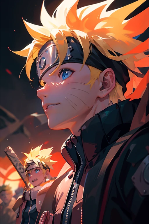 Portraiture, neon, 1 boy, Boy Style, Spiky blonde hair, Wounds on the cheeks, Black and red outfit, leather jacket, jeans, boots, bandana, nice, blue eyes, whole body, Color --Name Uzumaki Naruto --Desert background with pyramids and camels