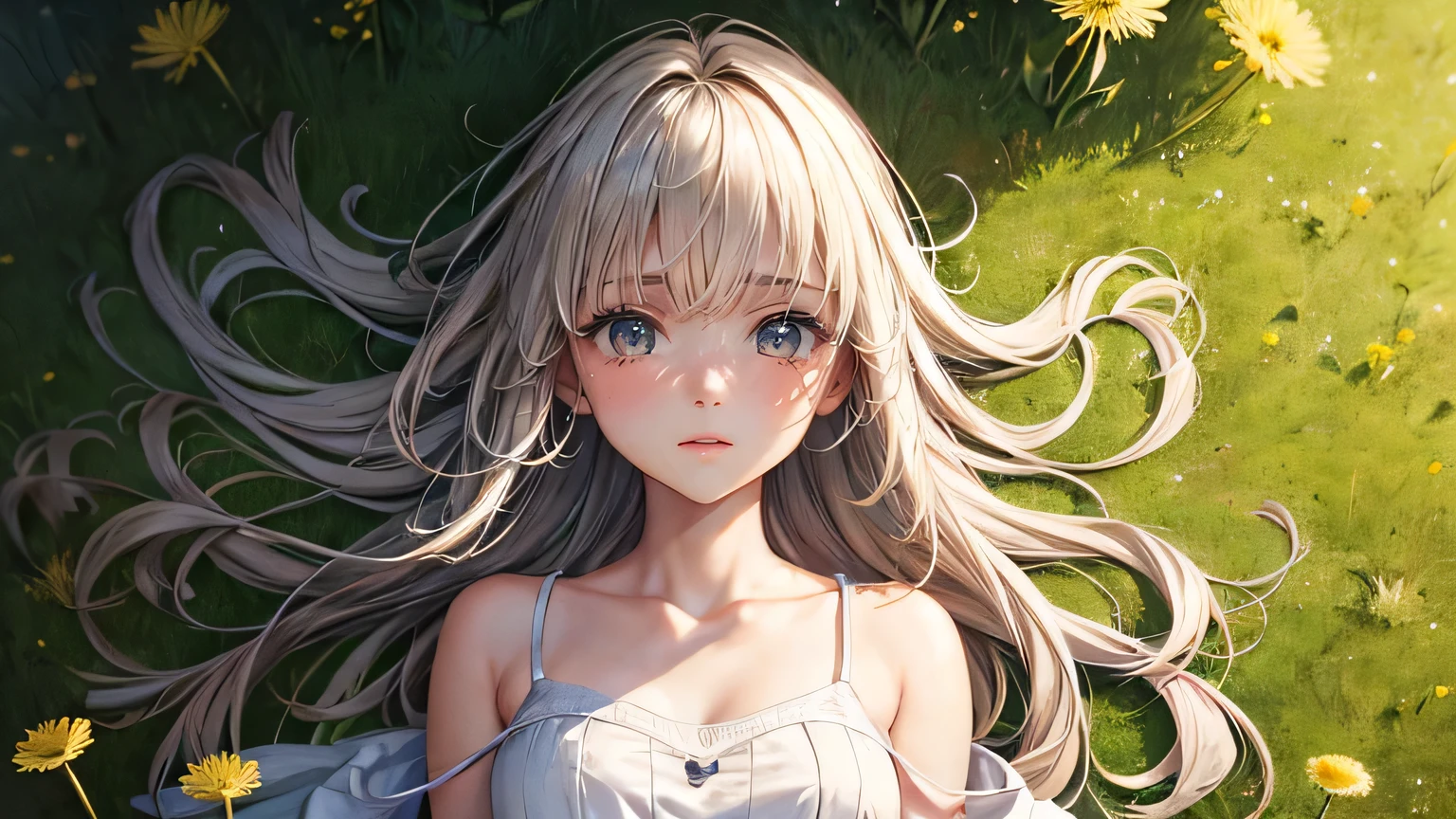 (oil, masterpiece, highest quality, Super detailed, Focus on the characters), woman,White shoulderless dress,White cardigan,Crying face,Watery eye,Brown long hair,Spring Tree Leakage Sun,Detailed hair depiction,Detailed depiction down to the tips of the hair,([return:0.8]|[ face facing returnwards:1.1]), ,([Dandelion Field Scenario:1.2]|[ ground:1.3]| [High Contrast:1.1])  