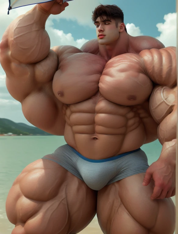 1 boy, giant, model shoot style, looking at camera, standing, cool ambience, outdoor, summer season, at the ocean lagoon, cloudy sky, strong body, bulk, large size, standing, white triangular underwear, prominent bulge, big, brutalmass, giant, muscular body, bulk, massive body, large meaty body size