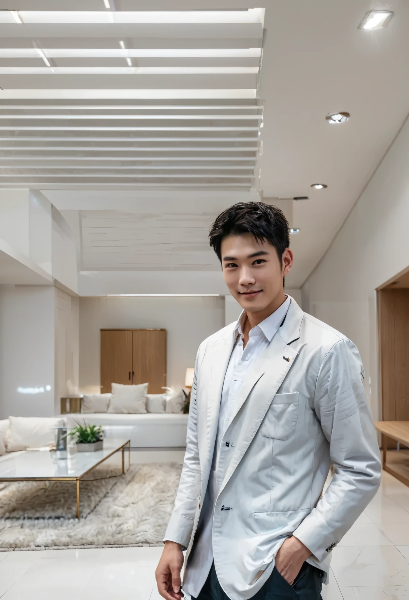 ((A young handsome man.Thin cheeks、Japanese man with pointed chin smiling.As handsome as a movie idol star, maintain eye contact.Standing in the living room wearing home clothes.))cabinet showroom, (grid ceiling:2), White pox, High-end gray cabinets, White marble floor, (carpet:1), Off-white sofa, Gold display stand, Green Plants, High Detail, realism, light, lens flare, leave, Wide-angle lens, best quality, Ultra Detailed, High Details, masterpiece, high resolution, 8k, Award-winning works
