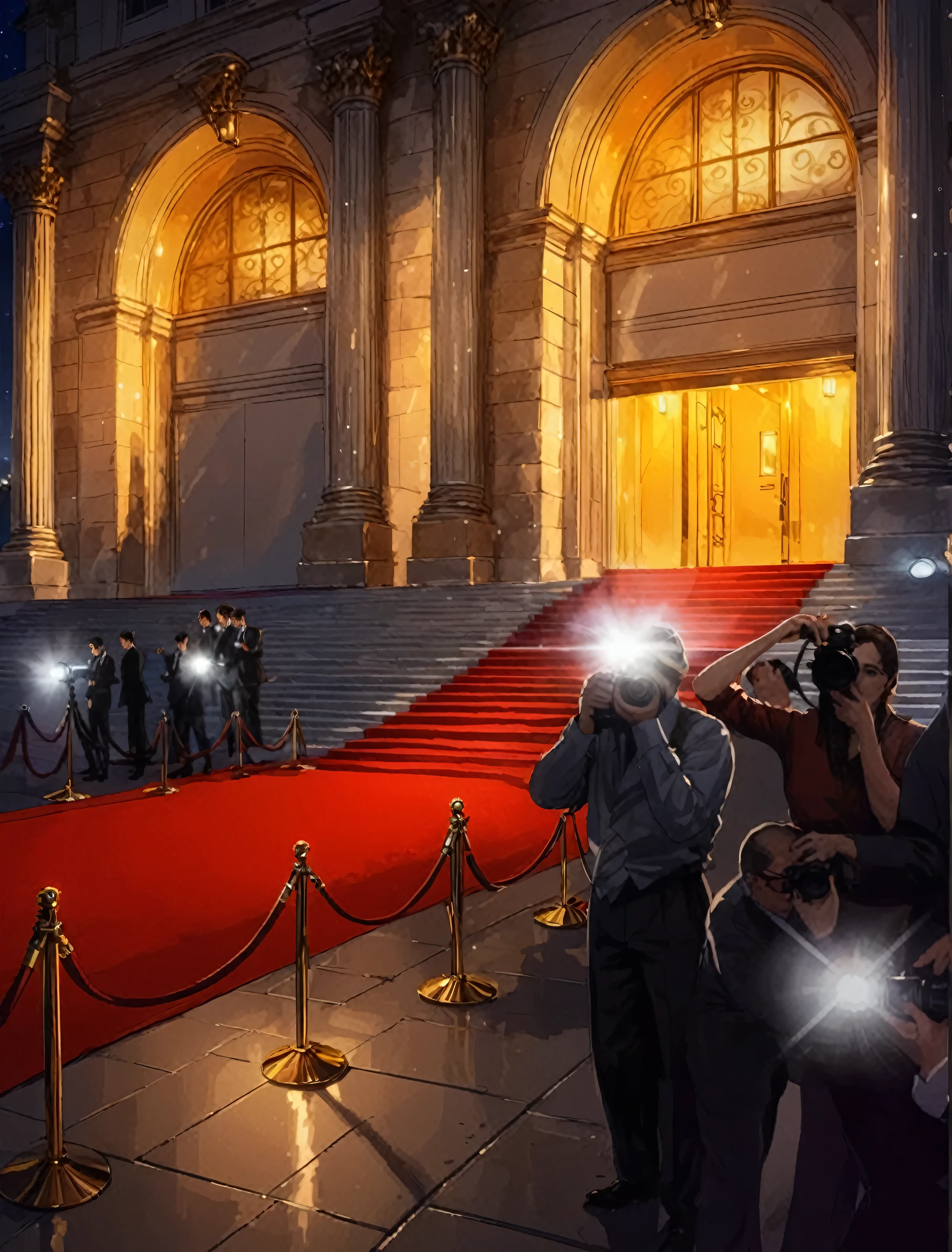 red carpet, photographers, flashlights, night, luxury, beautiful illustration, visual novel, highly detailed, masterpiece