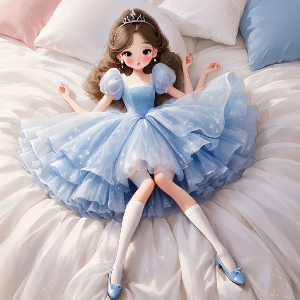 Rough texture,Hand-drawn style,sketch:1 girl,elegant,Fluffy skirt,Puff sleeves,Princess Dress,stockings,shoes,Earrings,Clean background,Lonely,