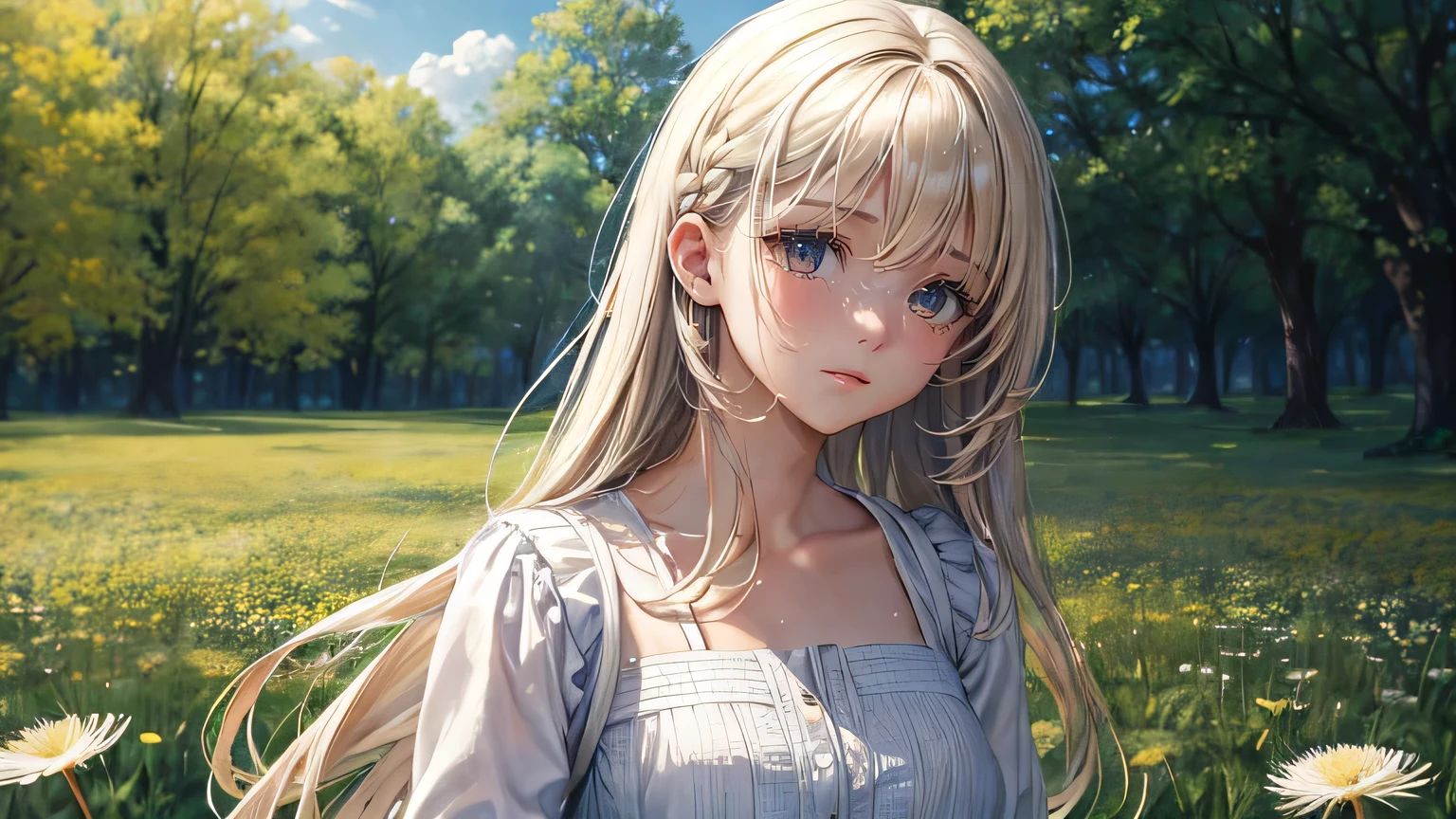 (oil, masterpiece, highest quality, Super detailed, Focus on the characters), woman,White shoulderless dress,White cardigan,Crying face,Watery eye,Brown long hair,Spring Tree Leakage Sun,Detailed hair depiction,Detailed depiction down to the tips of the hair,([return:0.8]|[ face facing returnwards:1.1]), ,([Dandelion Field Scenario:1.2]|[ ground:1.3]| [High Contrast:1.1])  