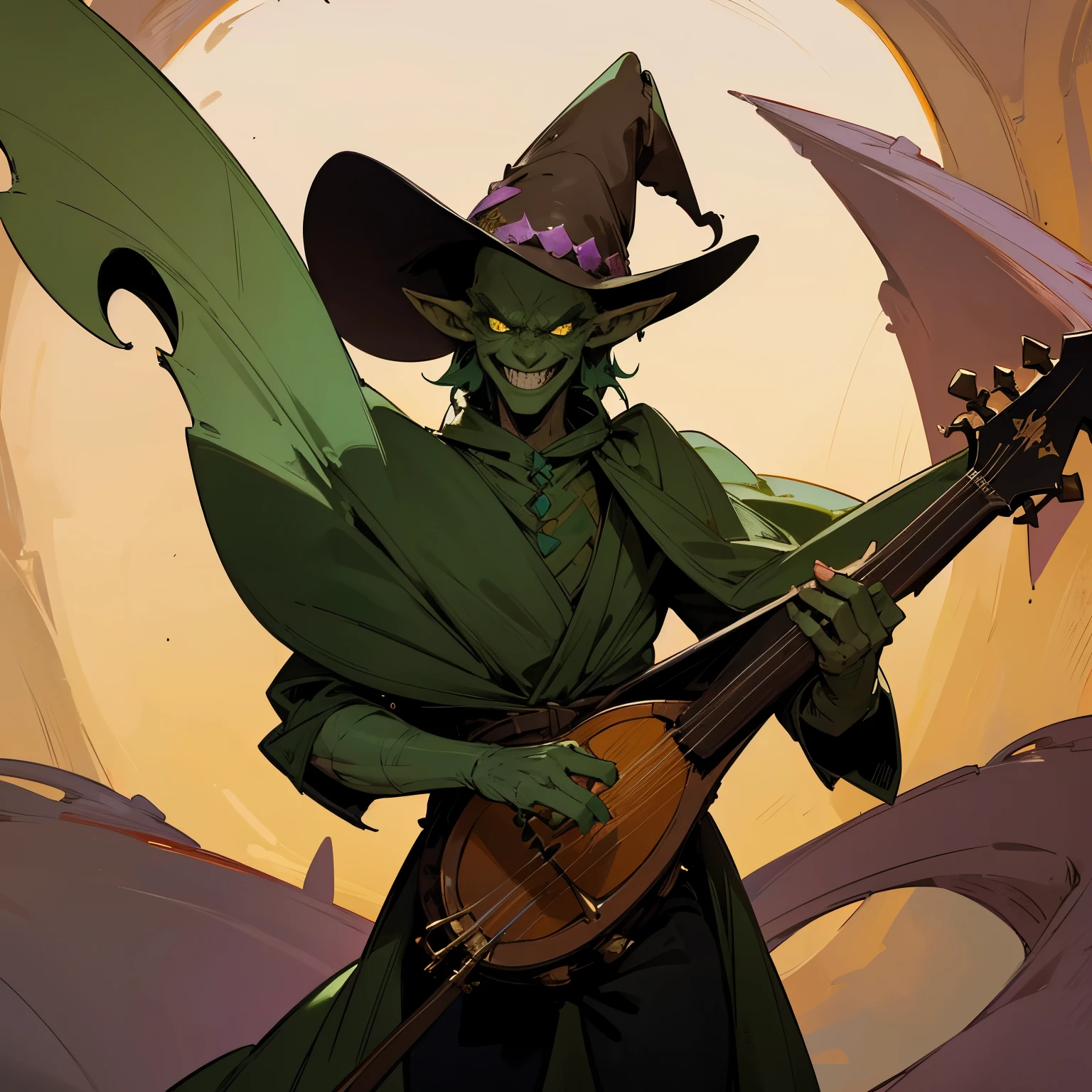 A Dark Green skinned goblin from Dungeons and Dragons has a menacing smile on his face. This goblin has a huge nose and really long and huge pointy ears. Atop his Head is a leather funny cowboy hat and on his Hands an stringed lute