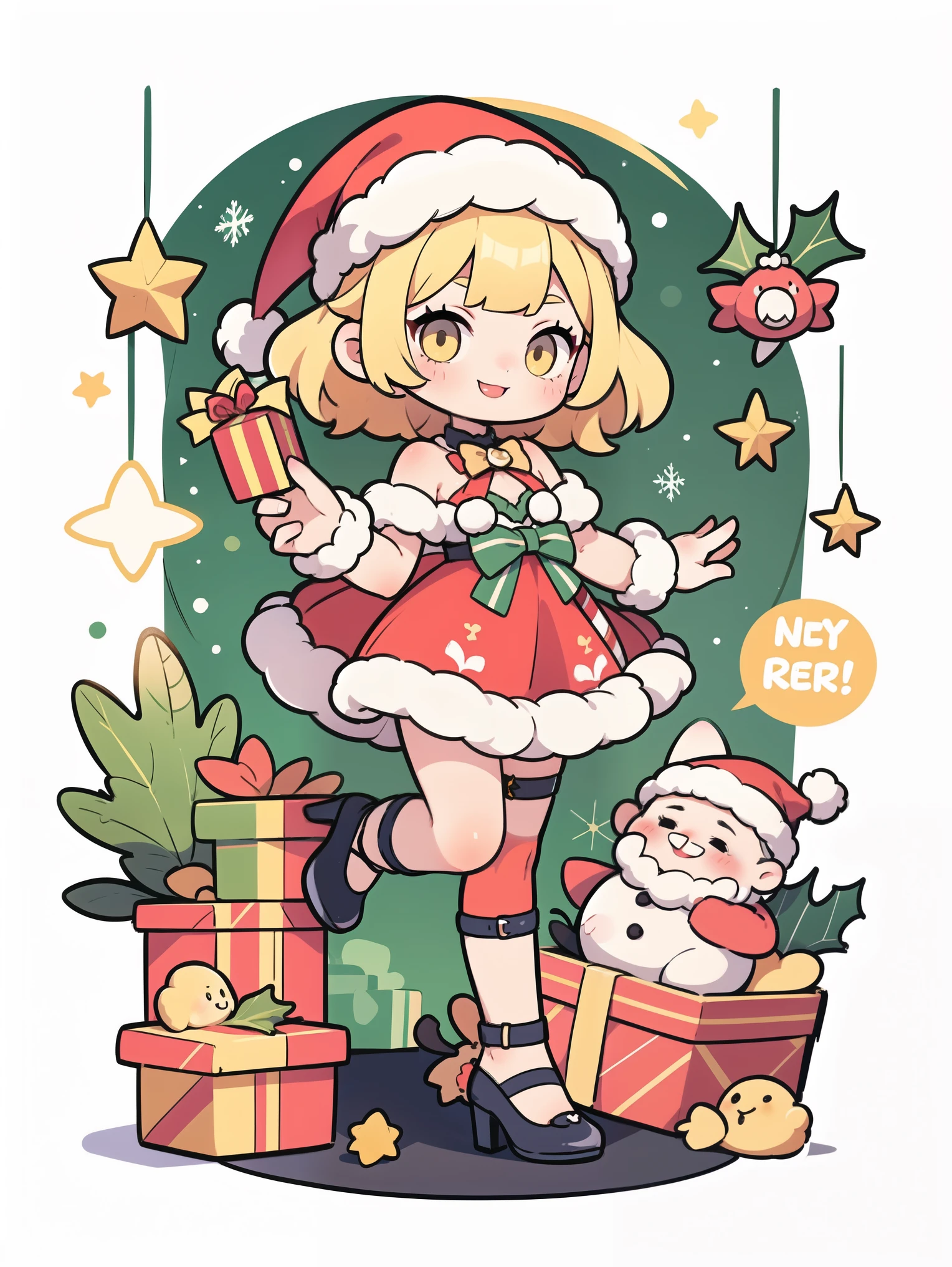 masterpiece,best quality,Christmas hat,1girl,Christmas Eve,gingerbread,high heels,yellow eyes,bow,audience,solo,Christmas gift,Christmas stocking,bangs,smile,skirt,: p,shut up,medium chest,hair decorations