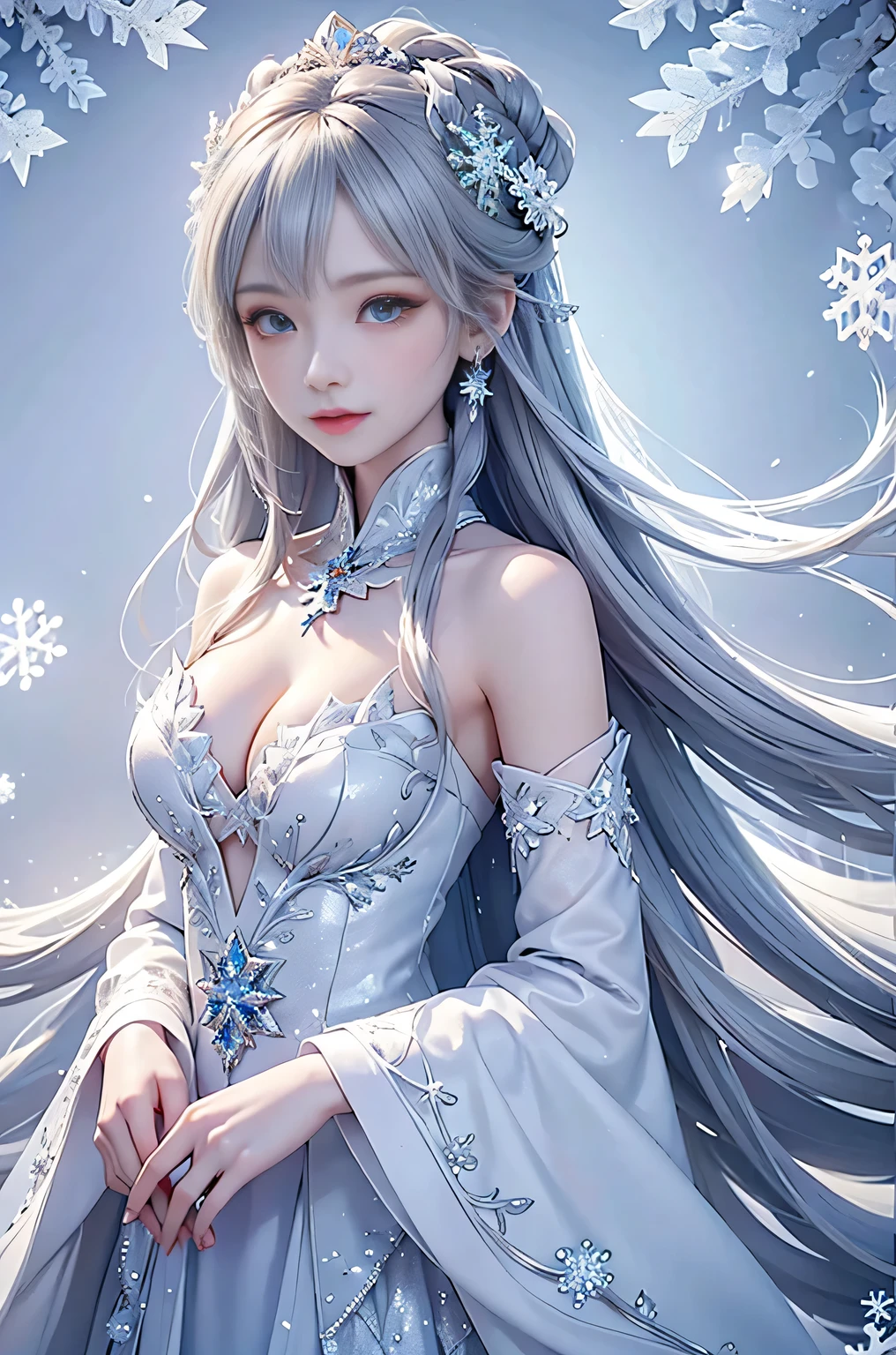 wood, Exquisite mini ice spikes and crystals, Frozen waterfall in the background, Light reflected by ice crystals, Flowing snowflakes.Beautiful woman、Gray Hair、pretty girl,2.5D illustration,Beautiful cleavage