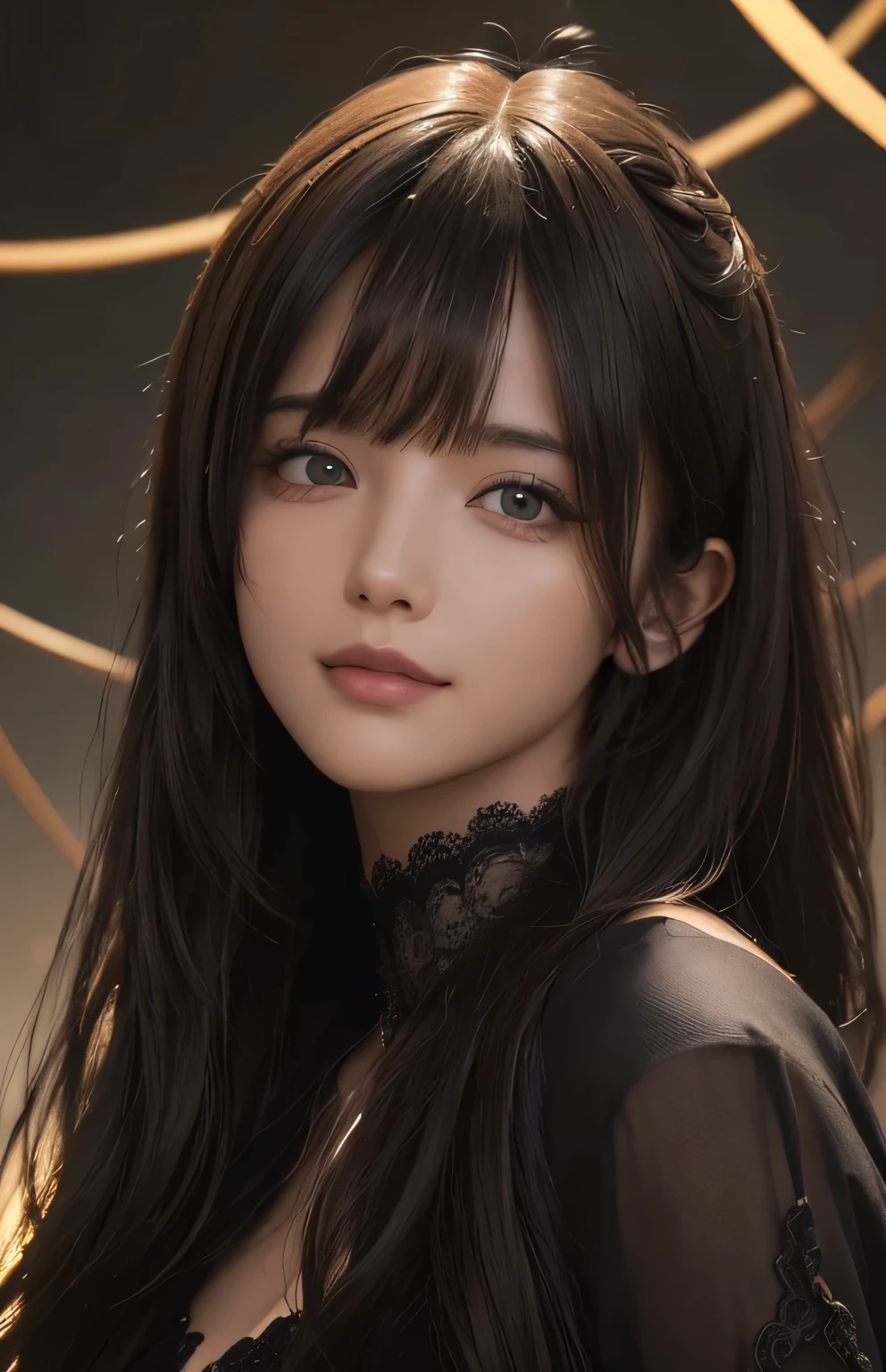 (Ultra Realistic), (Illustration), (Increased Resolution), (8K), (Extremely Detailed), (Best Illustration), (Beautiful and Detailed Eyes), (Best Quality), (Ultra Detailed), (Masterpiece ), ( wallpaper), (detailed face), solo, 1 girl, looking at viewer, fine details, detailed face, in the dark, deep shadows, low key, pureerosfaceace_v1, smiling, long hair, black shawl straight hair :1.3, 46 points oblique bangs