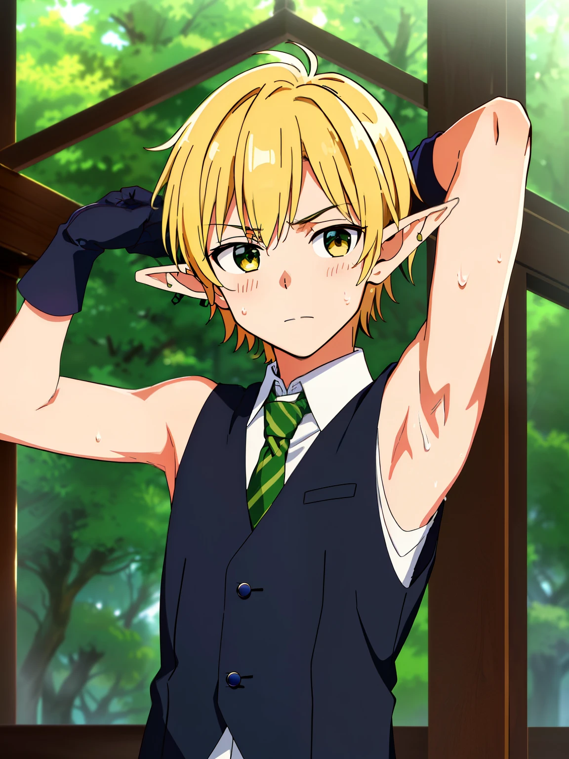 Highres, Masterpiece, Best quality at best,Best Quality,hight quality, hight detailed, 1boy, Boy, Elf boy, Elf ear, Messy hair, Side bangs, Shota, Sweat, Sleeveless vest, Tie, Glove, Depth of field, Anime screencap style, thin line, Seen from the front, Little sweat, forest church, Cute boy, (Showing armpit:1.3), (very small and short stature), (very young boy), 12-year-old boys, Blurry and simple beckground, bokeh, Uhd