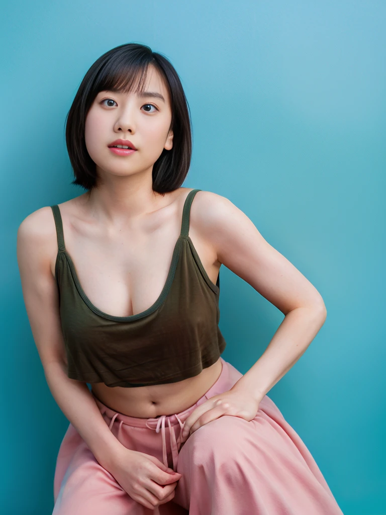(High resolution、8k,born),One Girl,Cute 20 year old Japan girl,(Tank top,ジーンズborn地のホットパンツ:1.2 ) ,Stand up straight,Telephoto lens camera、Looking at the camera、(Standing posture,belly button:1.2),knees,(Large Breasts:1.3)、Thick and glossy lips、Kind eyes ,(Stand in front of a light blue wall),(Light brown hair,Bobcut), barefoot,slim